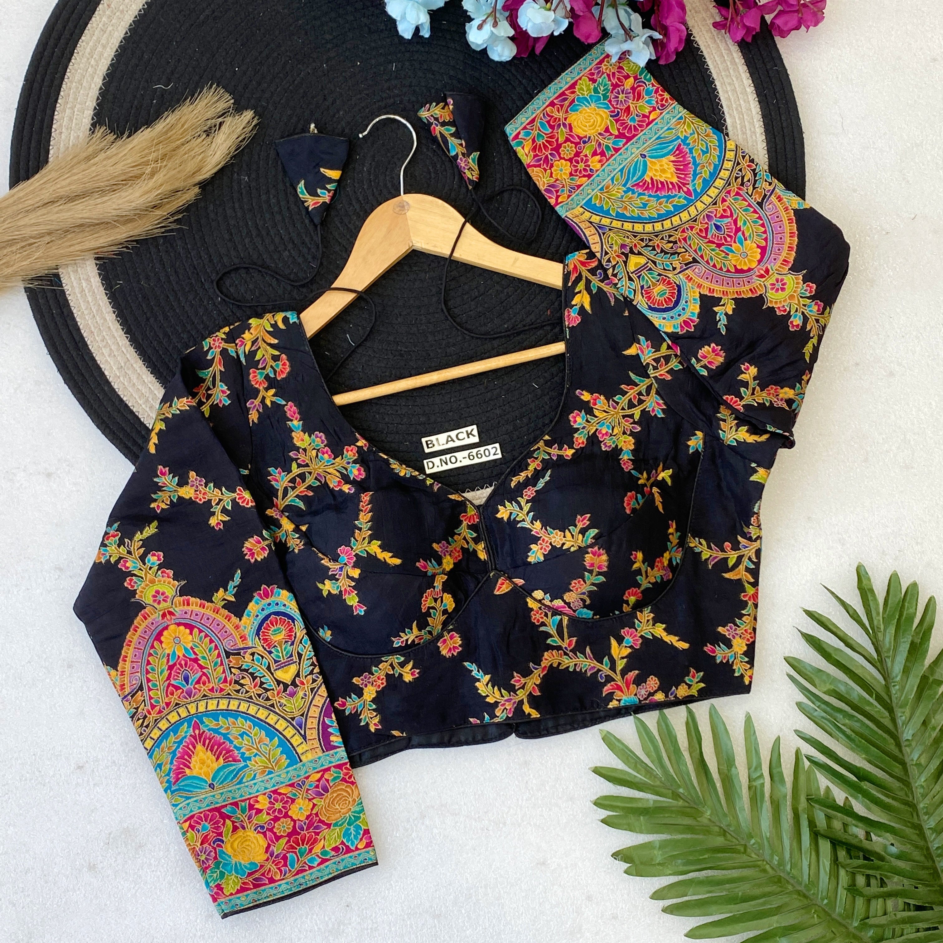 Royal Meenakari Jacquard V-Neck Blouse | Sabyasachi Pattern - Des- 6602 – Mehndi – view 3