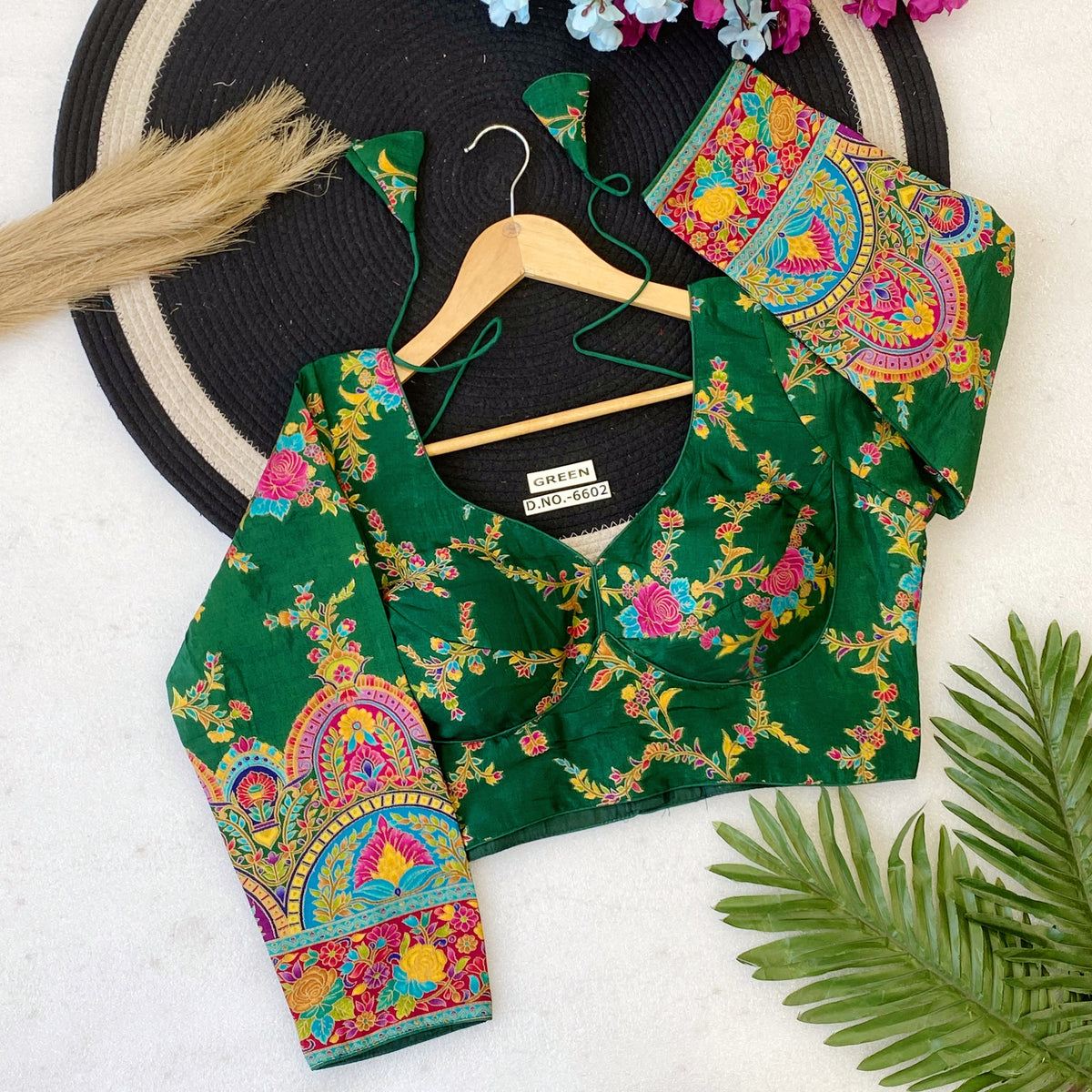 Royal Meenakari Jacquard V-Neck Blouse | Sabyasachi Pattern - Des- 6602 – Light Firoji – view 8