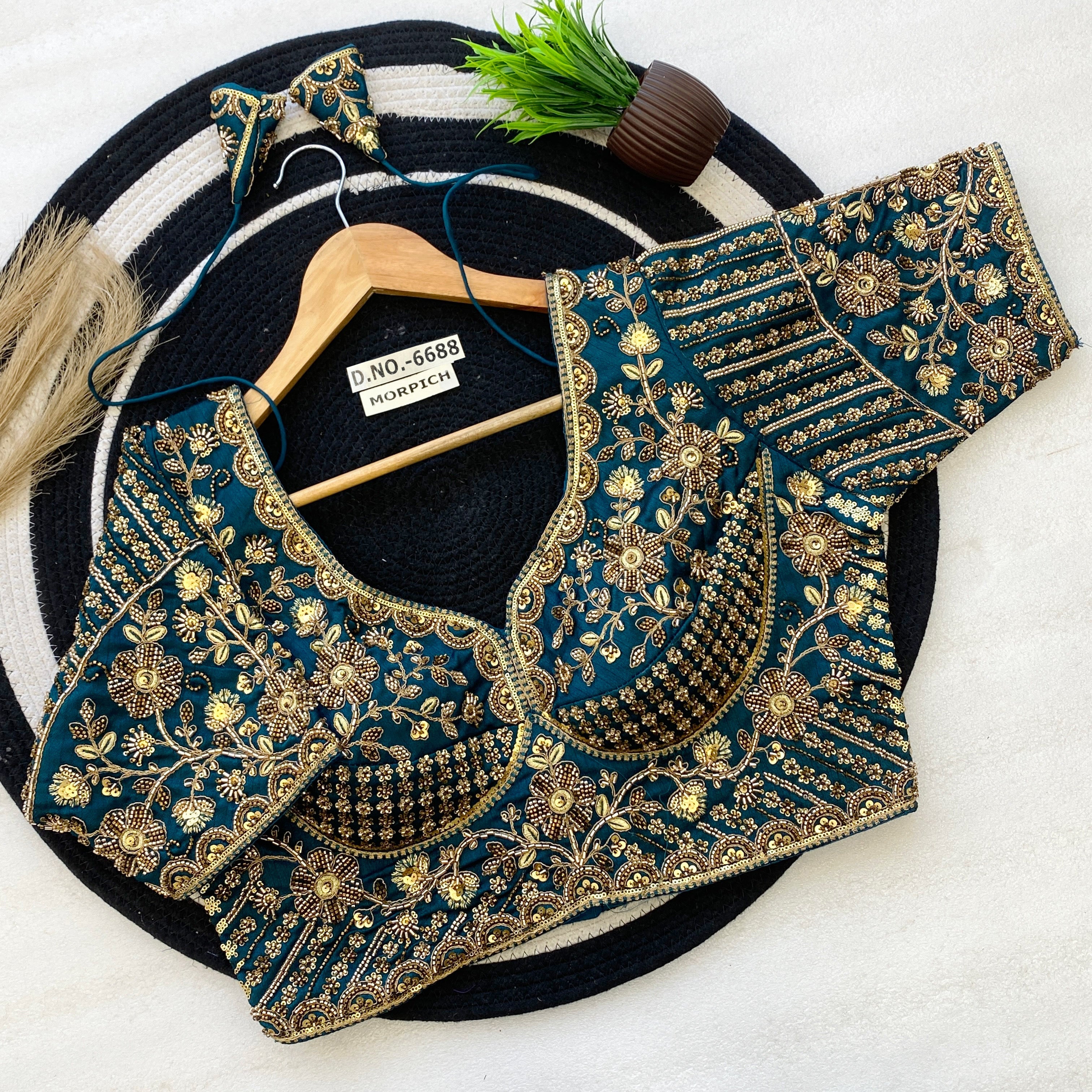 Sabyasachi Pattern Bridal Blouse - Heavy Handwork Italian Silk - Des- 6688 – Botte Green – view 8