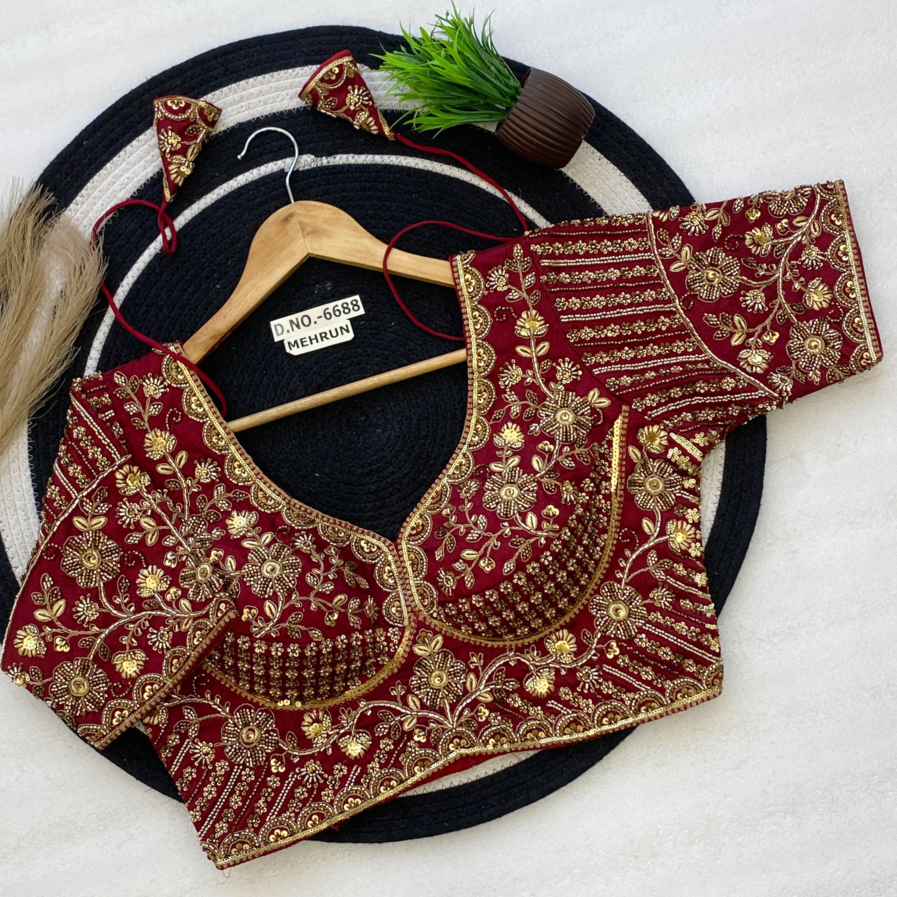 Sabyasachi Pattern Bridal Blouse - Heavy Handwork Italian Silk - Des- 6688 – Peacock – view 6