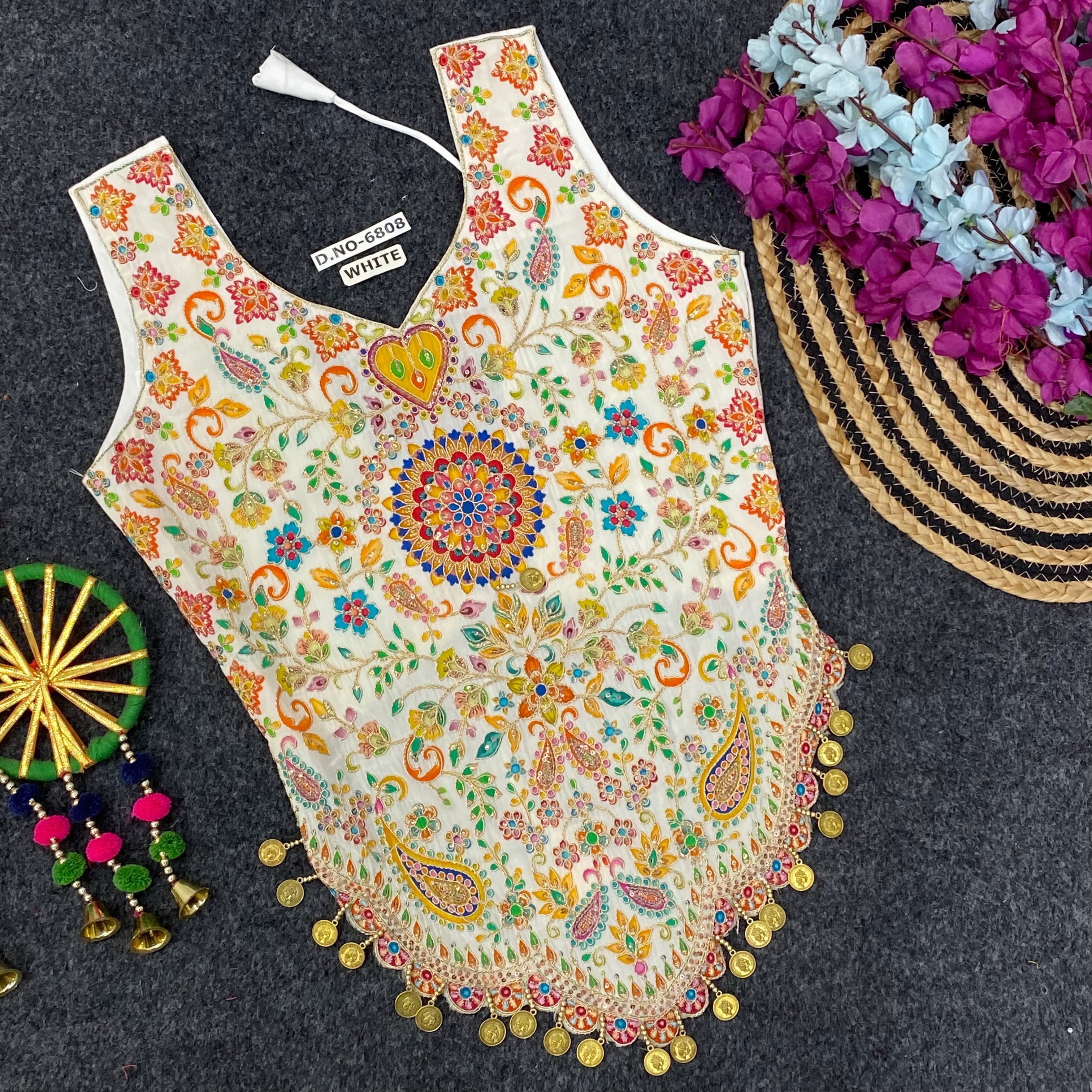 Navratri Kedia Position Print Coin Work Blouse - Des- 6808 – White and Yellow – view 1