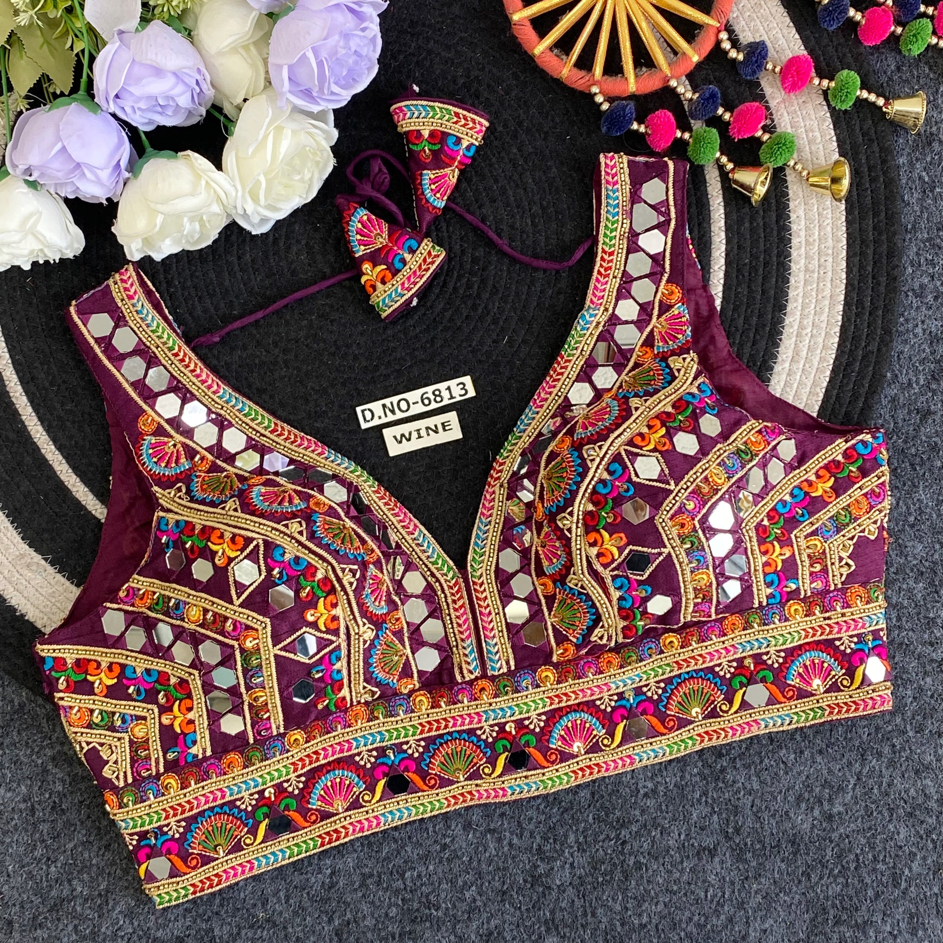 Navratri Mirror Work Convertible Sleeve Blouse - Des- 6813 – Purple – view 12