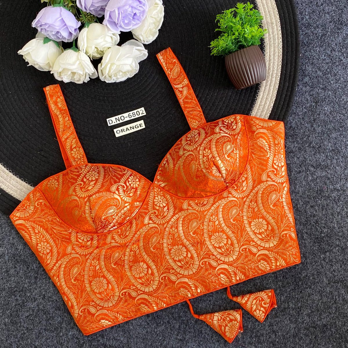 Navratri Corset Spaghetti Banarasi Blouse - Des- 6802 – Orange – view 1
