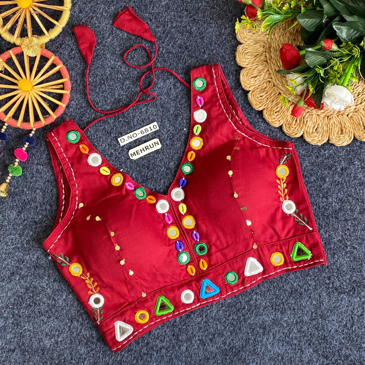 Navratri Rayon Mirror & Cowrie Work Blouse - Des- 6810 – Botte Green – view 4