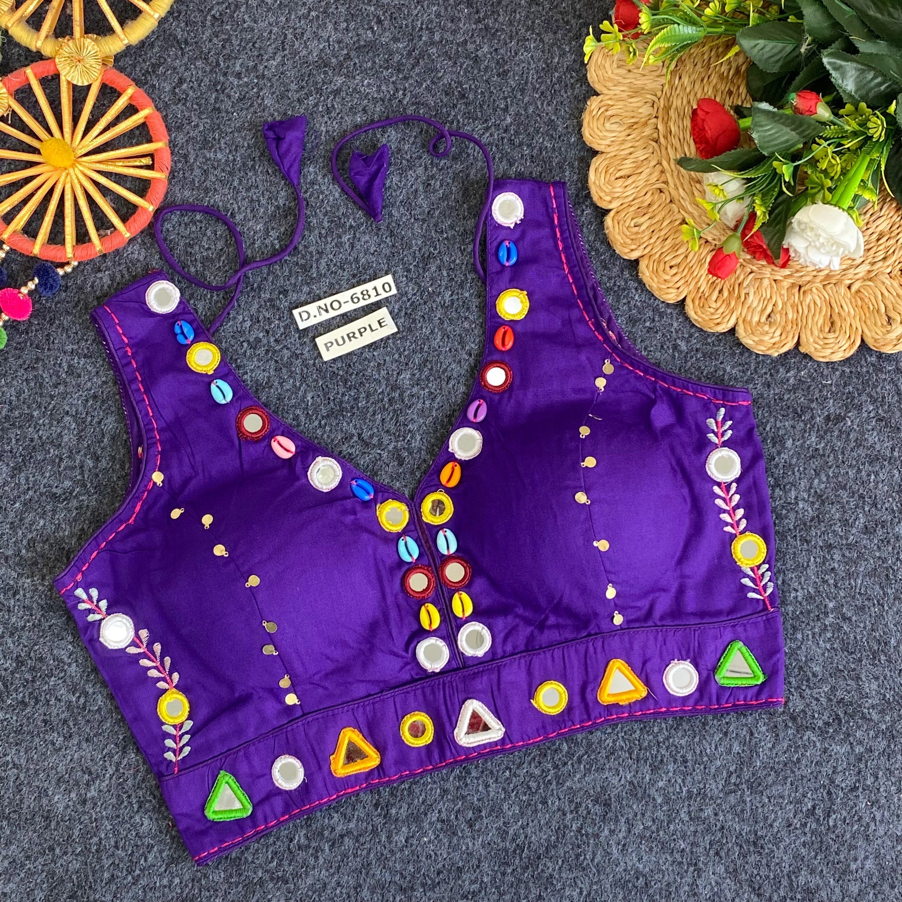 Navratri Rayon Mirror & Cowrie Work Blouse - Des- 6810 – Orange – view 9
