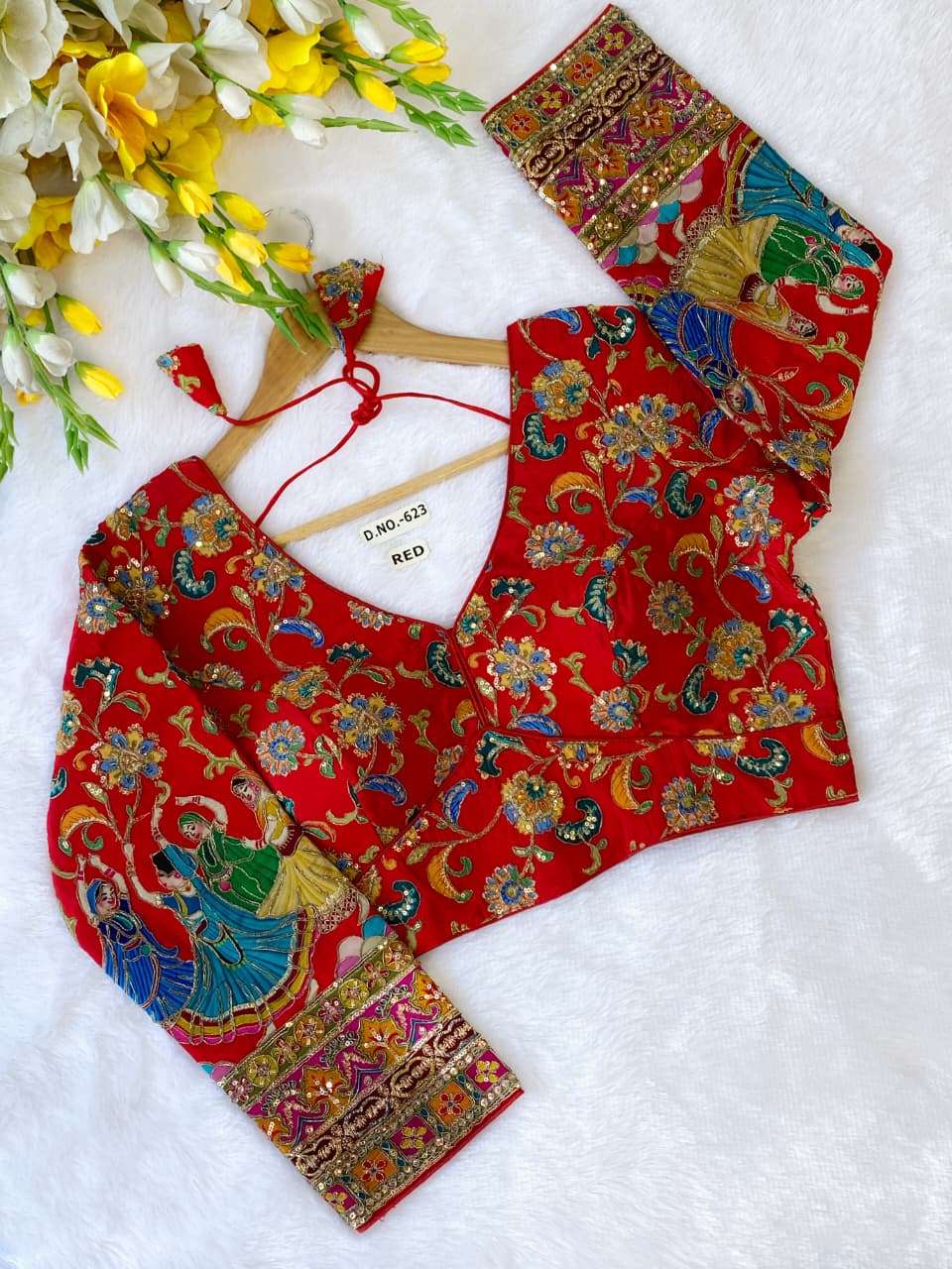 Viscose Crepe Position Print Embroidered Blouse - Des- 623 – Red – view 11