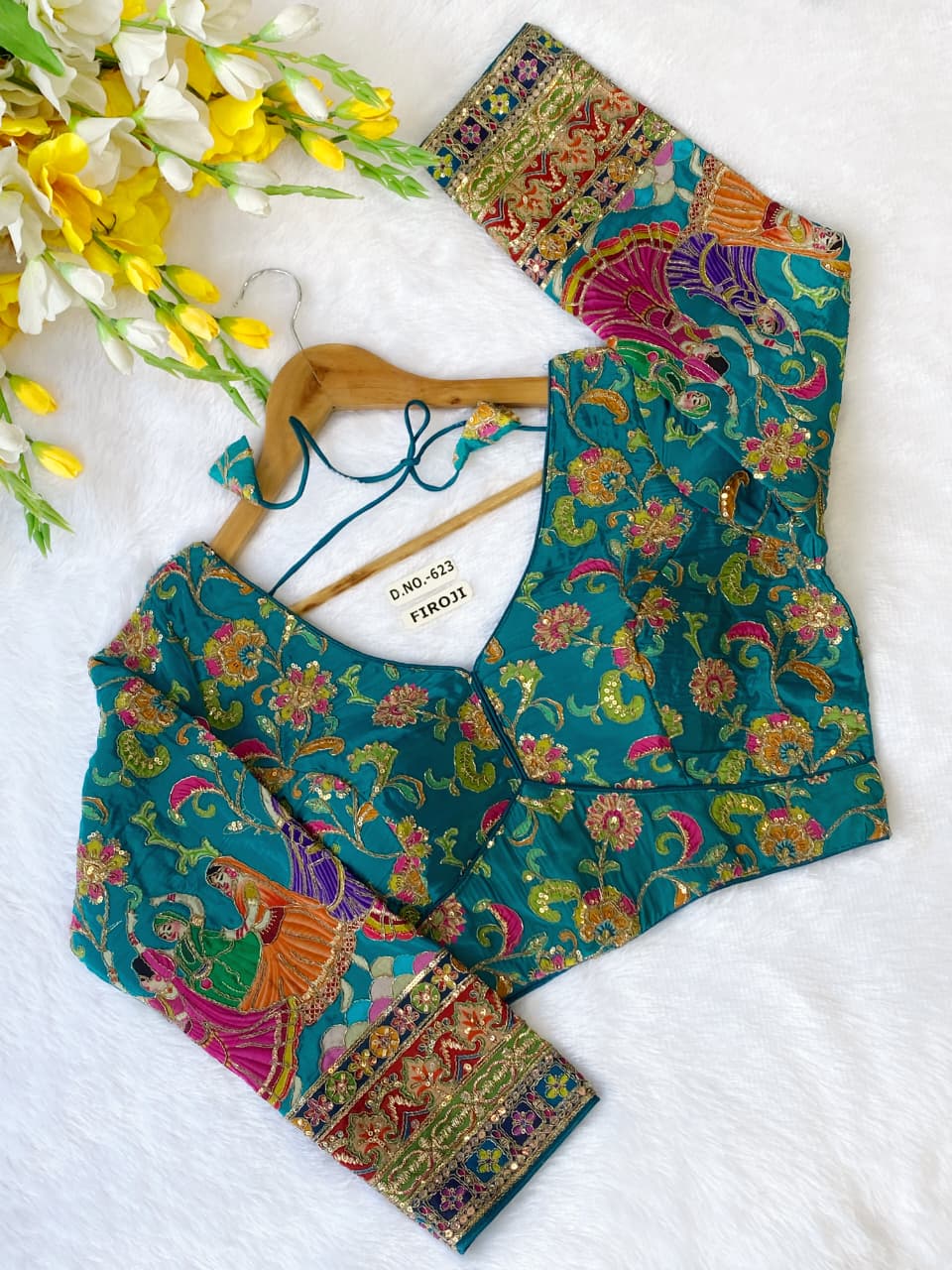 Viscose Crepe Position Print Embroidered Blouse - Des- 623 – Royal Blue – view 13