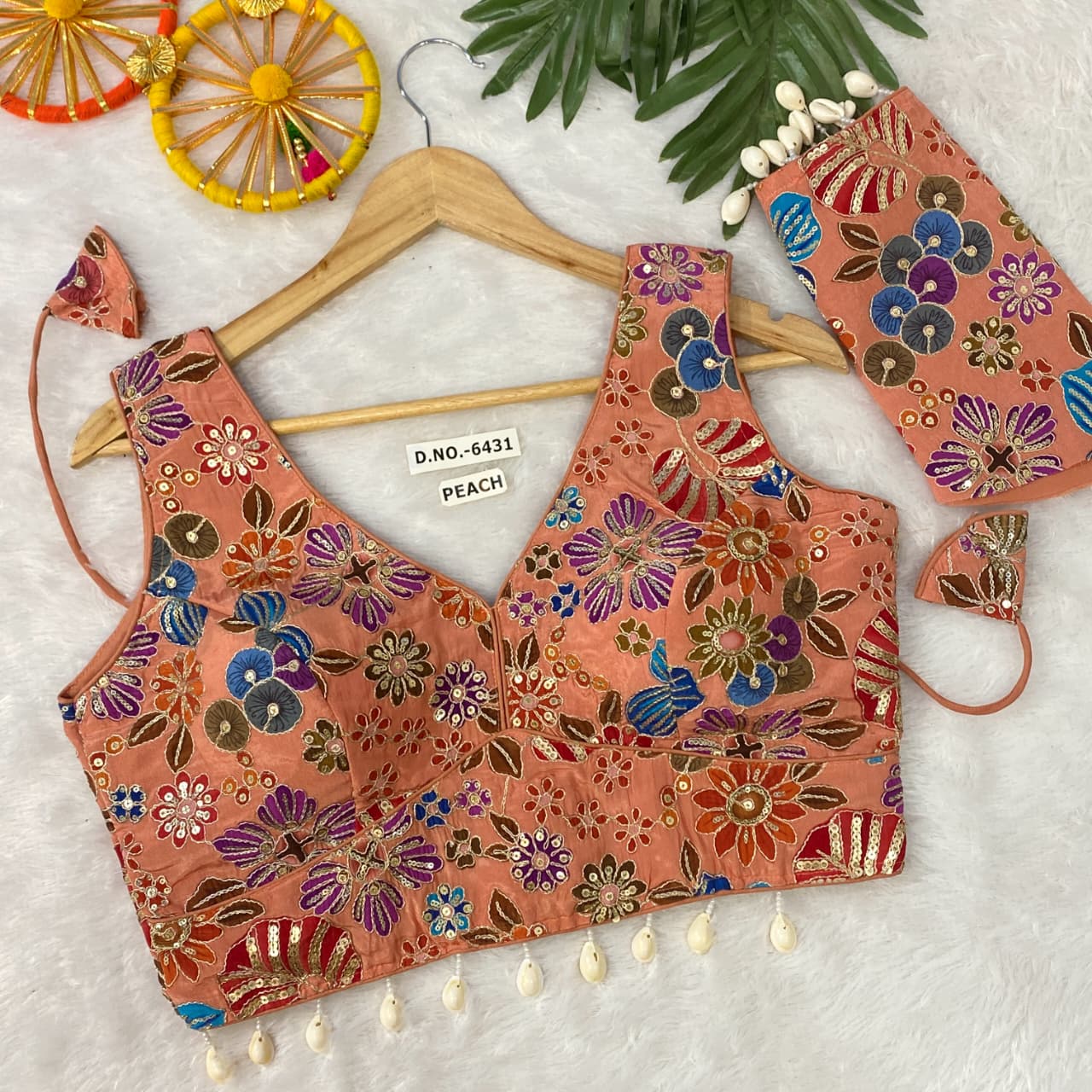 Navratri Viscose Crepe Position Print Blouse - Des- 6431 – Sky Blue and Firoji – view 1