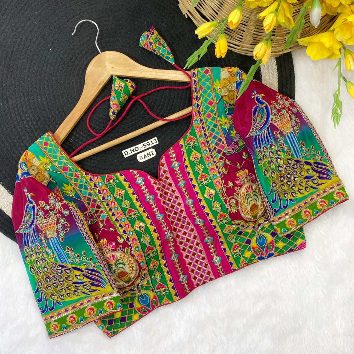 Navratri Viscose Position Print Blouse - Des- 5913 – Sky – view 5