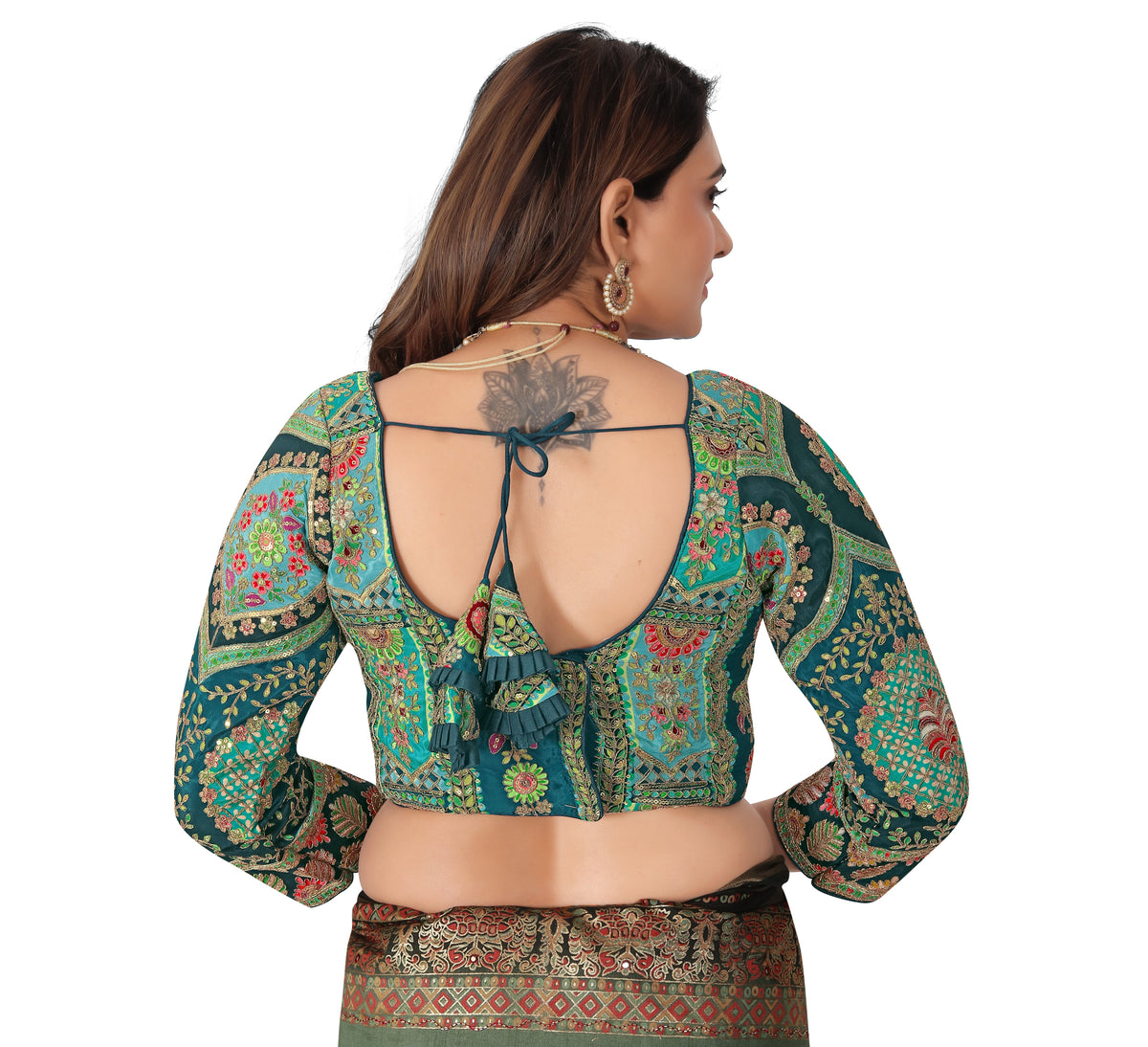 Viscose Crepe Position Printed Blouse | Coding & Sequin Work Sweetheart Neck Designer Blouse - Des- 6319 – Green – view 7