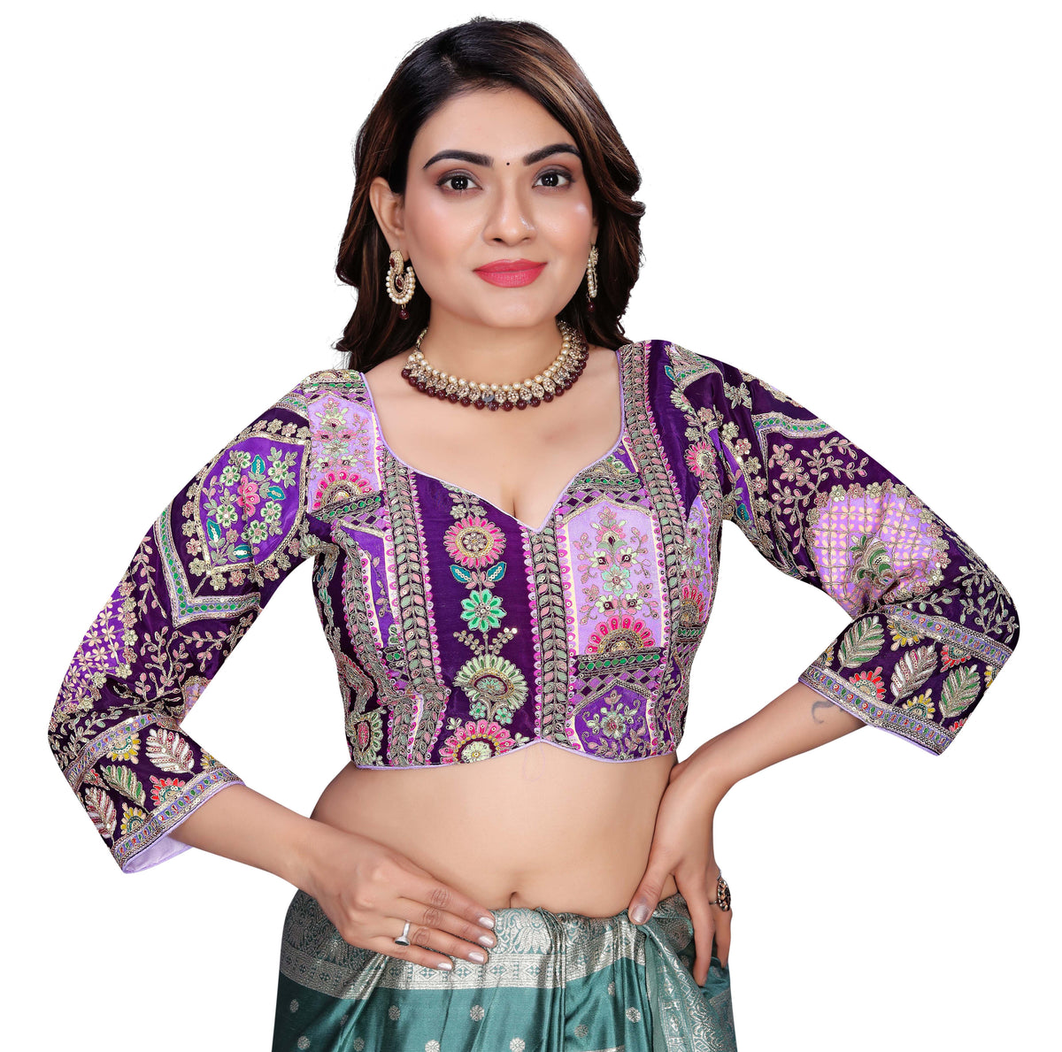 Viscose Crepe Position Printed Blouse | Coding & Sequin Work Sweetheart Neck Designer Blouse - Des- 6319 – Peacock – view 17