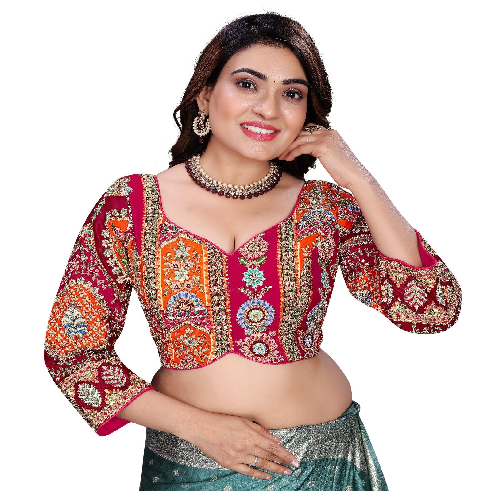 Viscose Crepe Position Printed Blouse | Coding & Sequin Work Sweetheart Neck Designer Blouse - Des- 6319 – Rama – view 6
