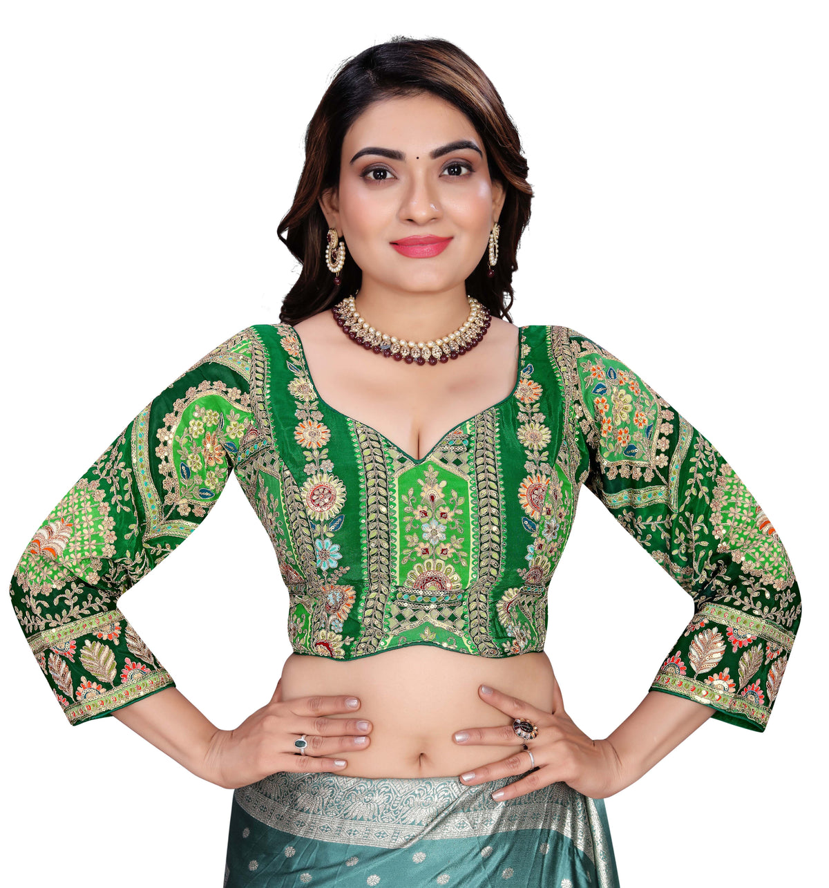 Viscose Crepe Position Printed Blouse | Coding & Sequin Work Sweetheart Neck Designer Blouse - Des- 6319 – Off White – view 11