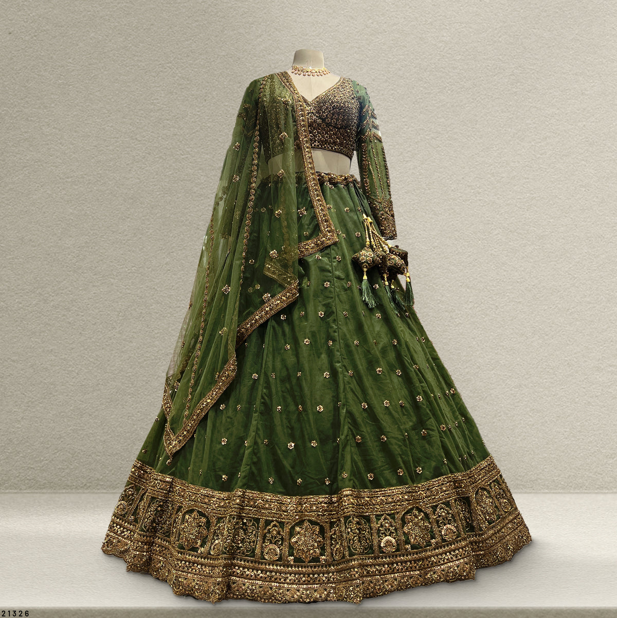 The Mewar Heritage Collection: Green Net Lehenga Ensemble – Green – view 1