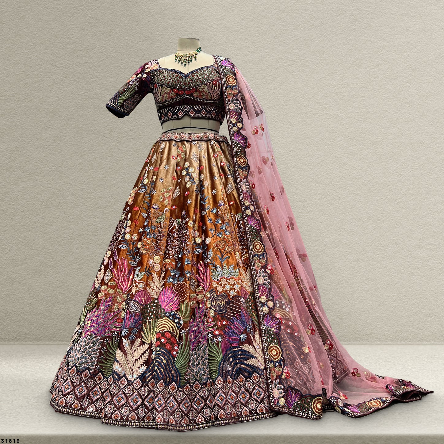 The Aarohi Edit: Plush Velvet Lehenga Ensemble – Multi Colour – view 1