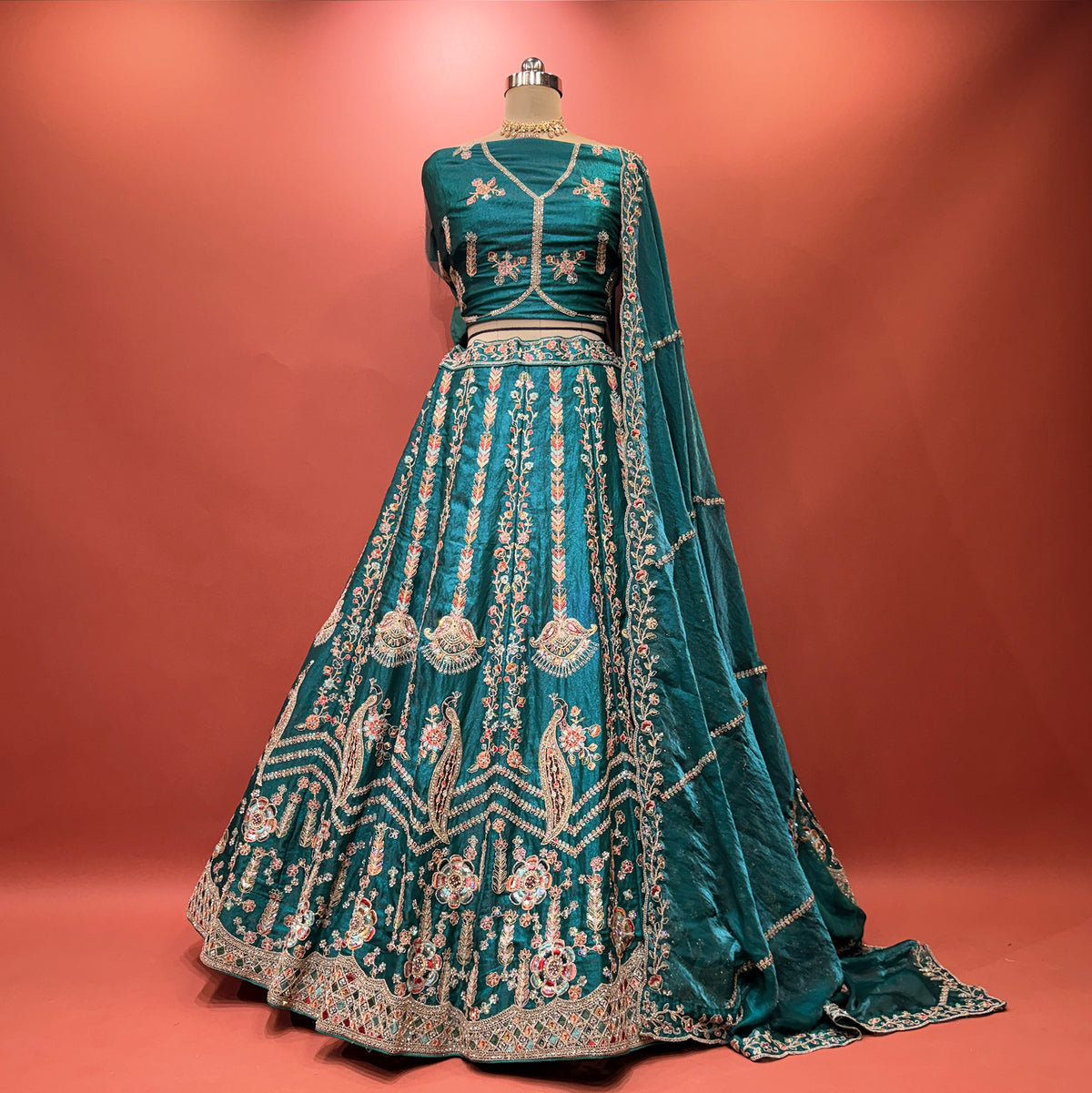 The Shagun Heirloom: Blue & Green Silk Lehenga Ensemble IV – Green and Blue – view 1