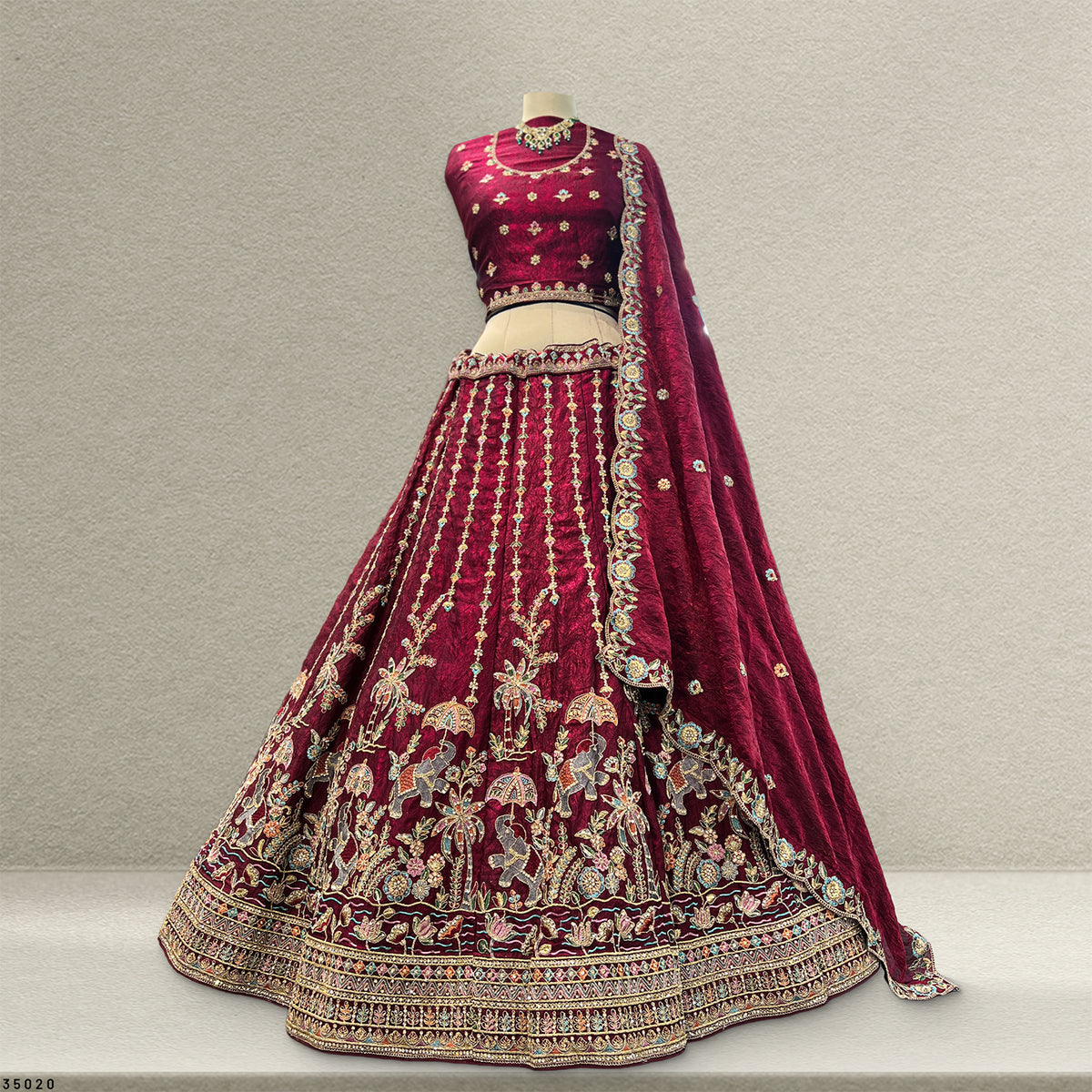 The Utsav Darbar: Green Silk Lehenga Ensemble – Green – view 3