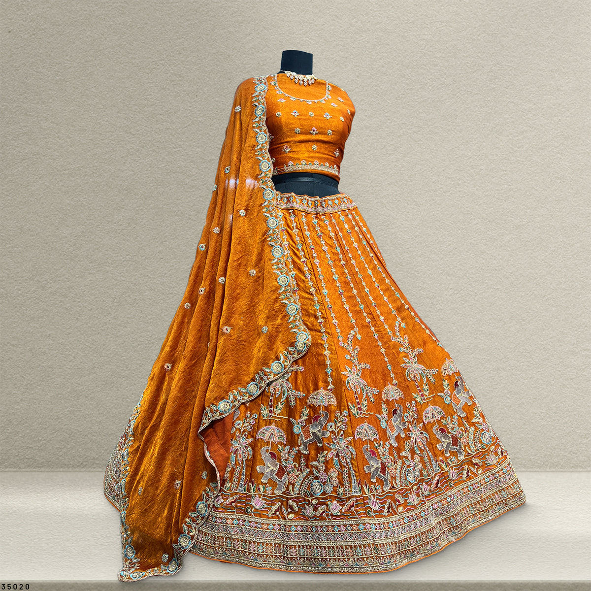 The Utsav Darbar: Green Silk Lehenga Ensemble – Green – view 4