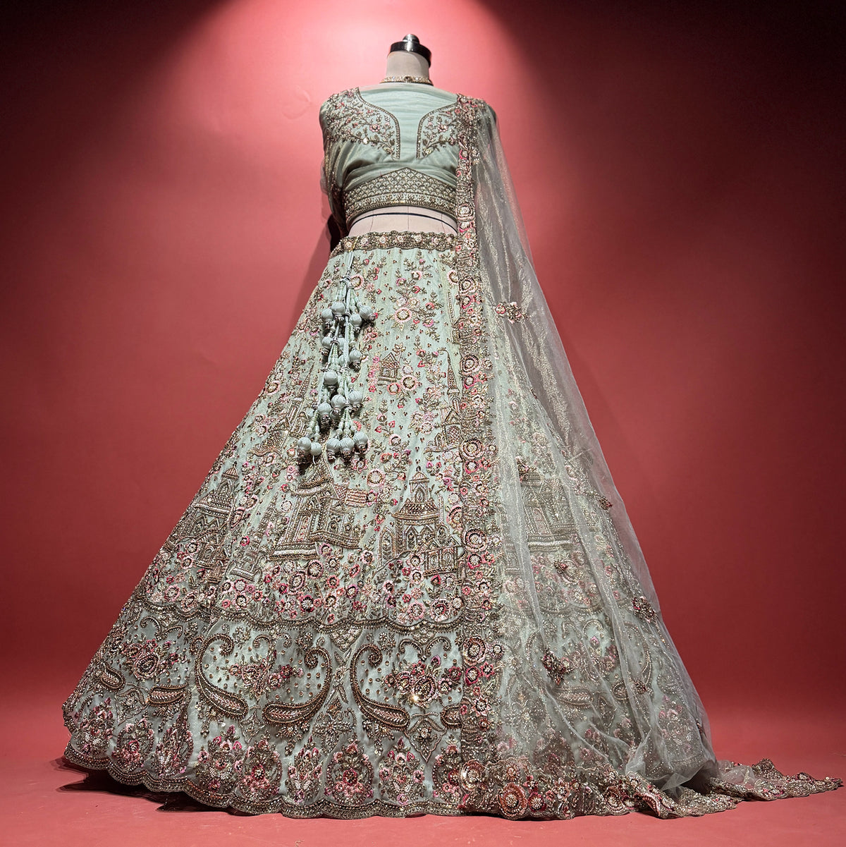 The Amber Fort Heirloom: Pink Heritage Lehenga Ensemble – Baby Pink – view 3
