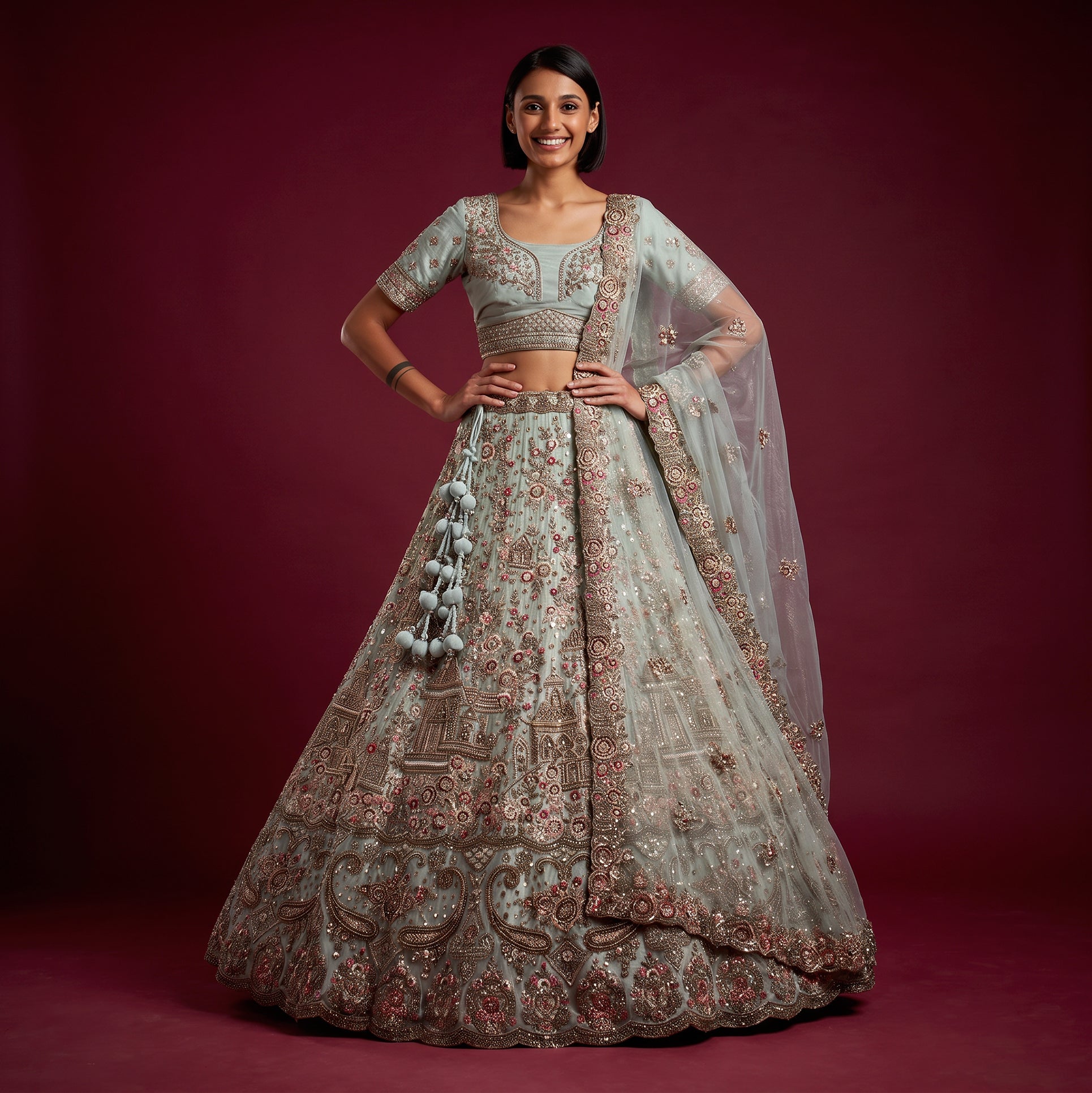 The Amber Fort Heirloom: Pink Heritage Lehenga Ensemble – Baby Pink – view 4