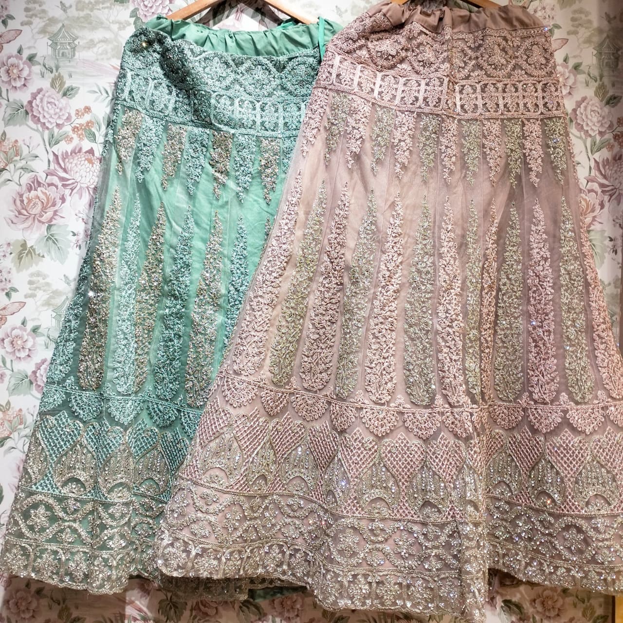 The Shagun Darbar: Blue & Pink Heritage Lehenga Ensemble I – Baby Pink and Blue – view 1