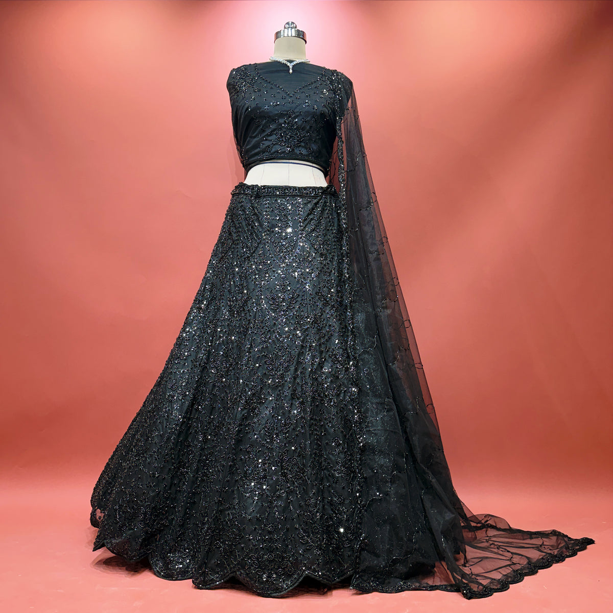 The Ananda Heirloom: Black Net Lehenga Ensemble III – Black – view 1