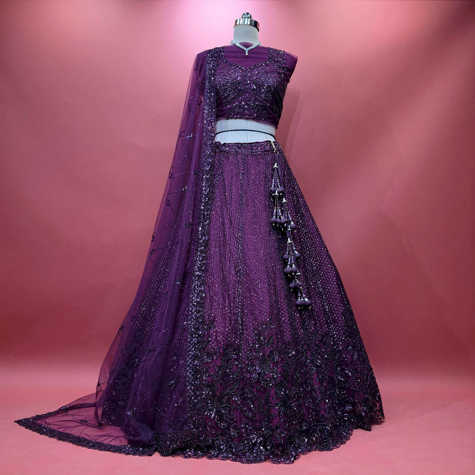 The Saubhagya Darbar: Wine Heritage Lehenga Ensemble – Wine – view 1