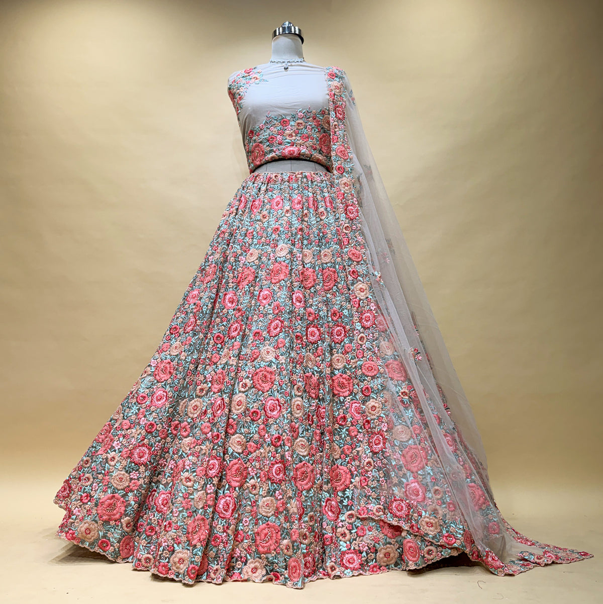 The Mangalam Collection: Peach Heritage Lehenga Ensemble – Multi Colour and Peach – view 2