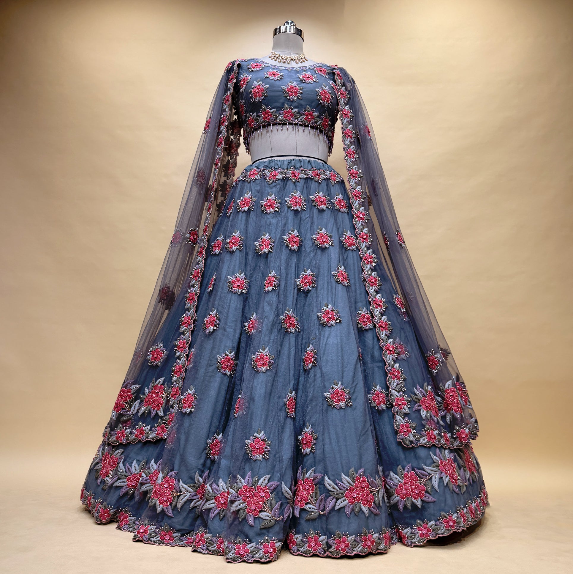 The Amber Fort Heirloom: Grey Net Lehenga Ensemble I – Grey – view 1