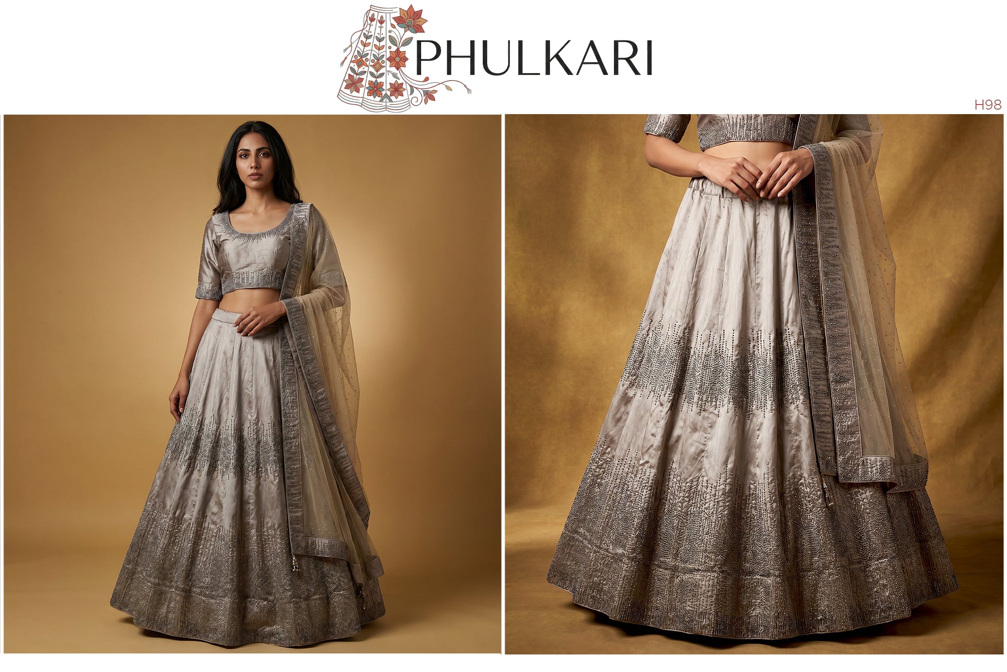The Amber Fort Edit: Grey Silk Lehenga Ensemble IV – Grey – view 2