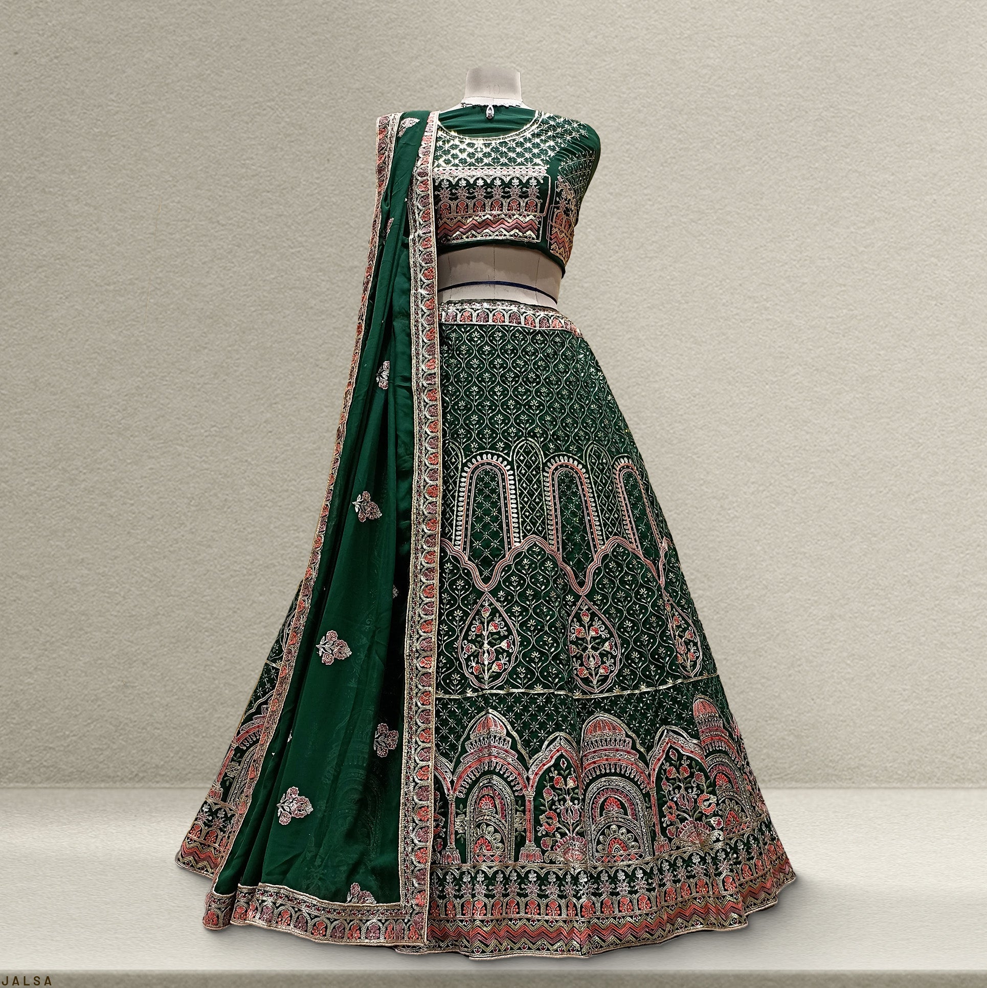 The Aarohi Collection: Green Heritage Lehenga Ensemble IV – Green – view 1