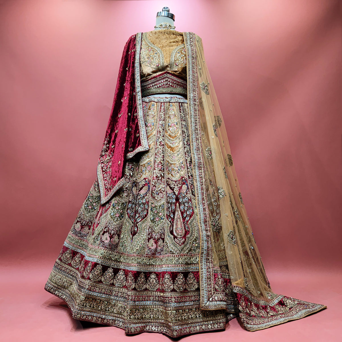 The Jharokha Heirloom Edit: Gold & Maroon Heritage Lehenga Ensemble IV – Maroon and Gold – view 1
