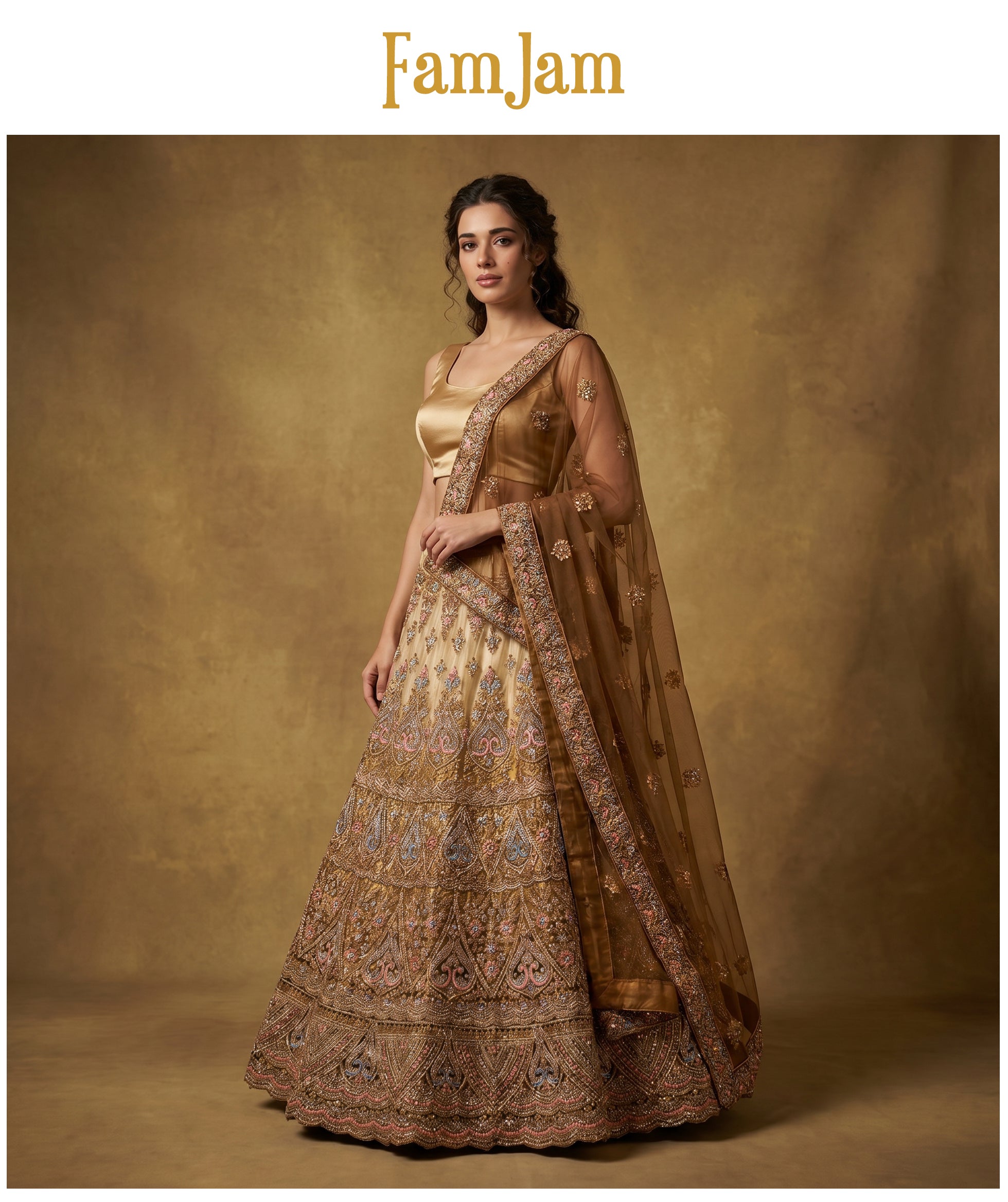 The Ananda Darbar: Gold Net Lehenga Ensemble IV – Gold – view 2