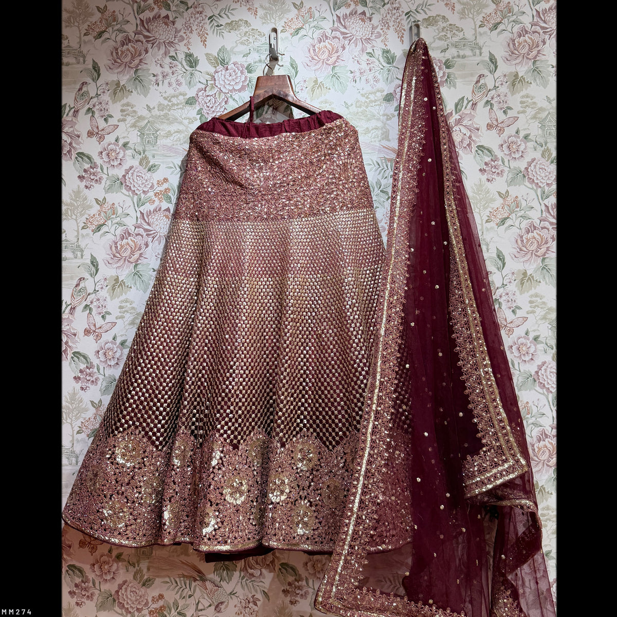 The Kalyani Heirloom: Wine Heritage Lehenga Ensemble III – Wine – view 1