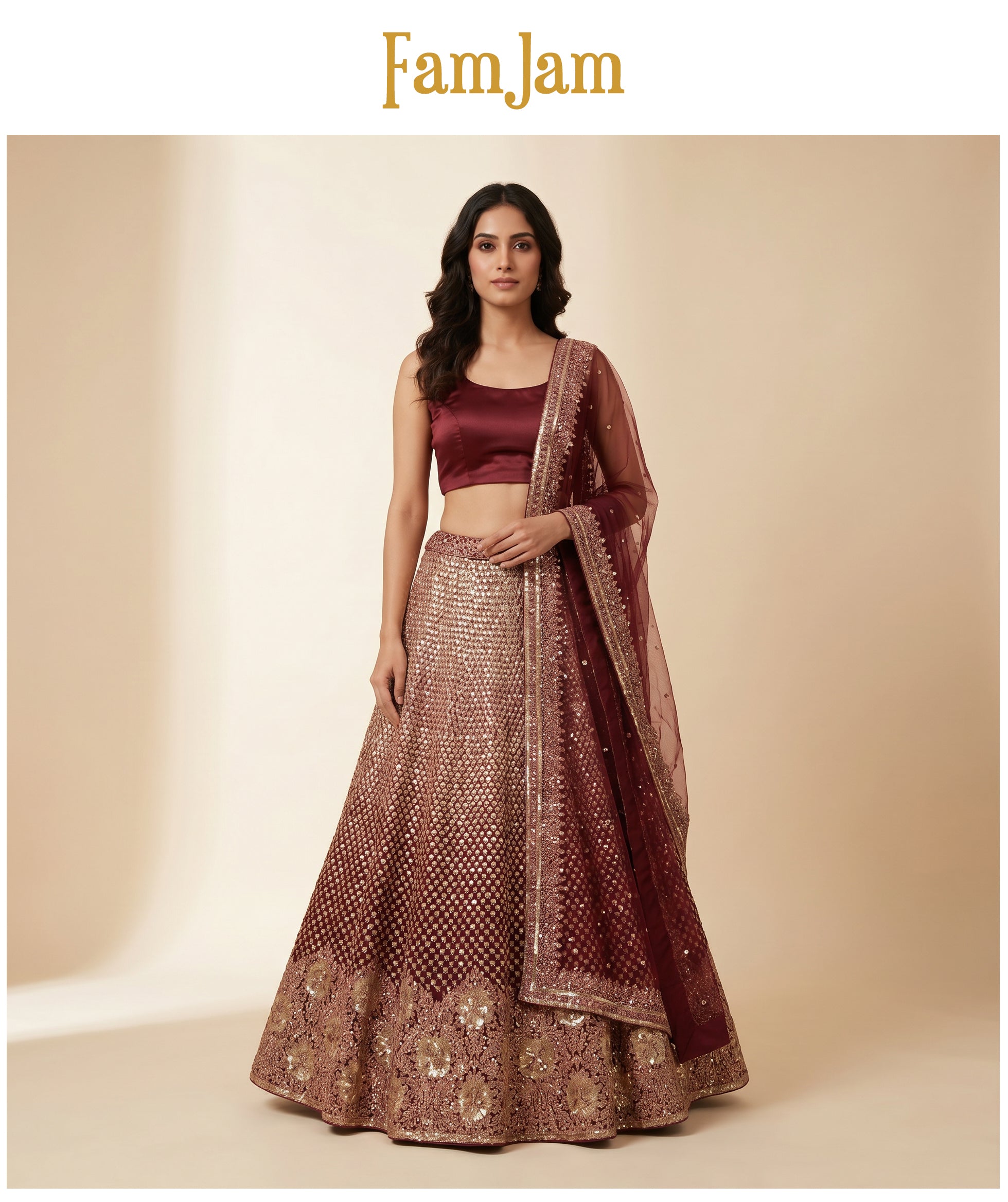 The Kalyani Heirloom: Wine Heritage Lehenga Ensemble III – Wine – view 2