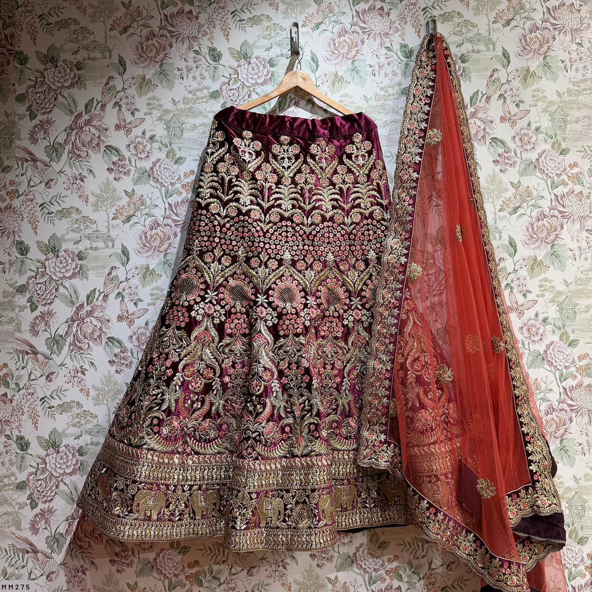 The Shagun Edit: Wine Heritage Lehenga Ensemble – Wine – view 1