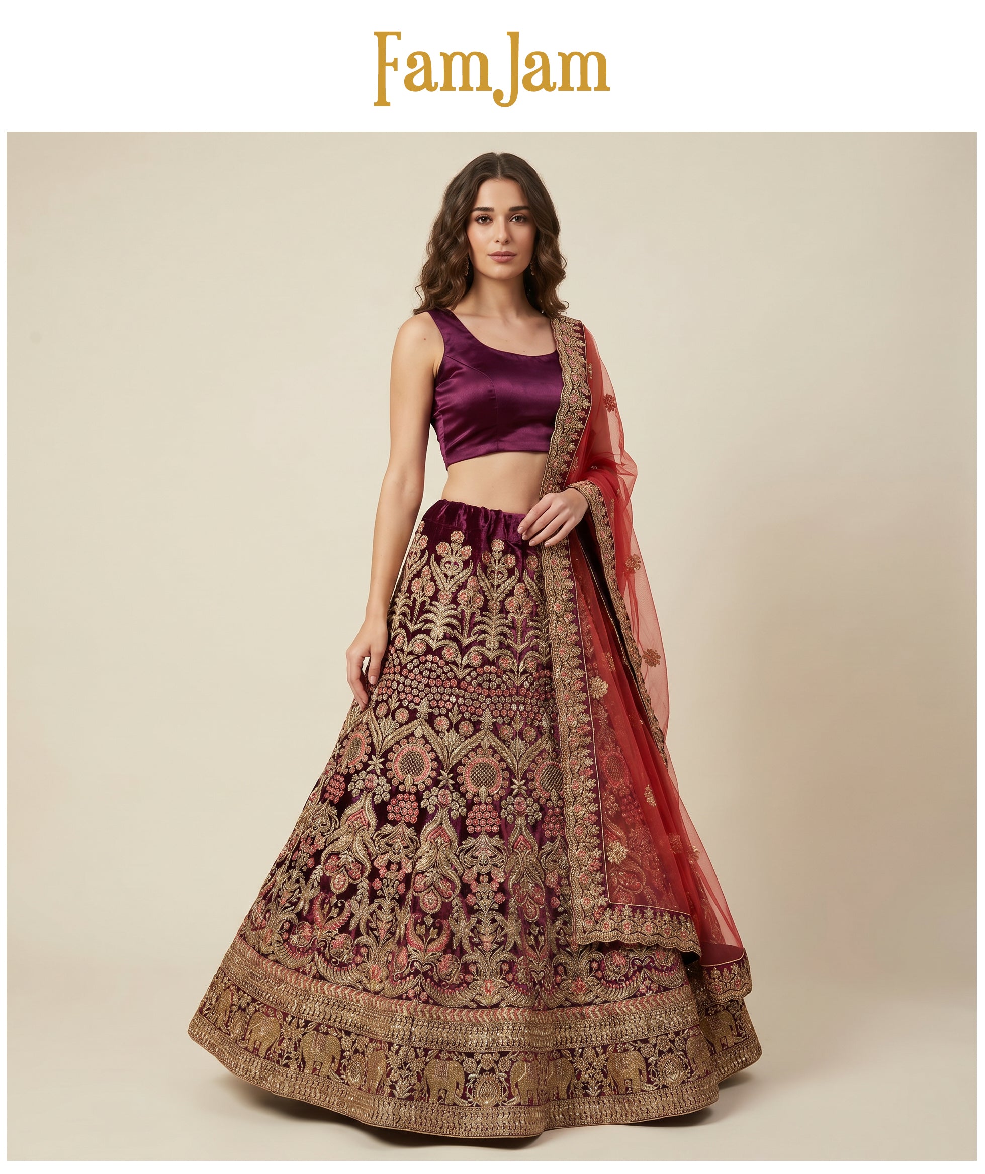 The Shagun Edit: Wine Heritage Lehenga Ensemble – Wine – view 2