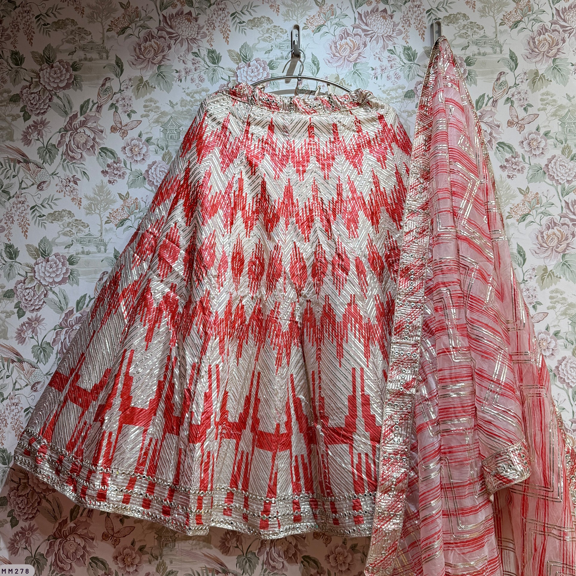 The Parampara Heirloom: Ivory & Red Heritage Lehenga Ensemble II – Ivory and Red – view 1