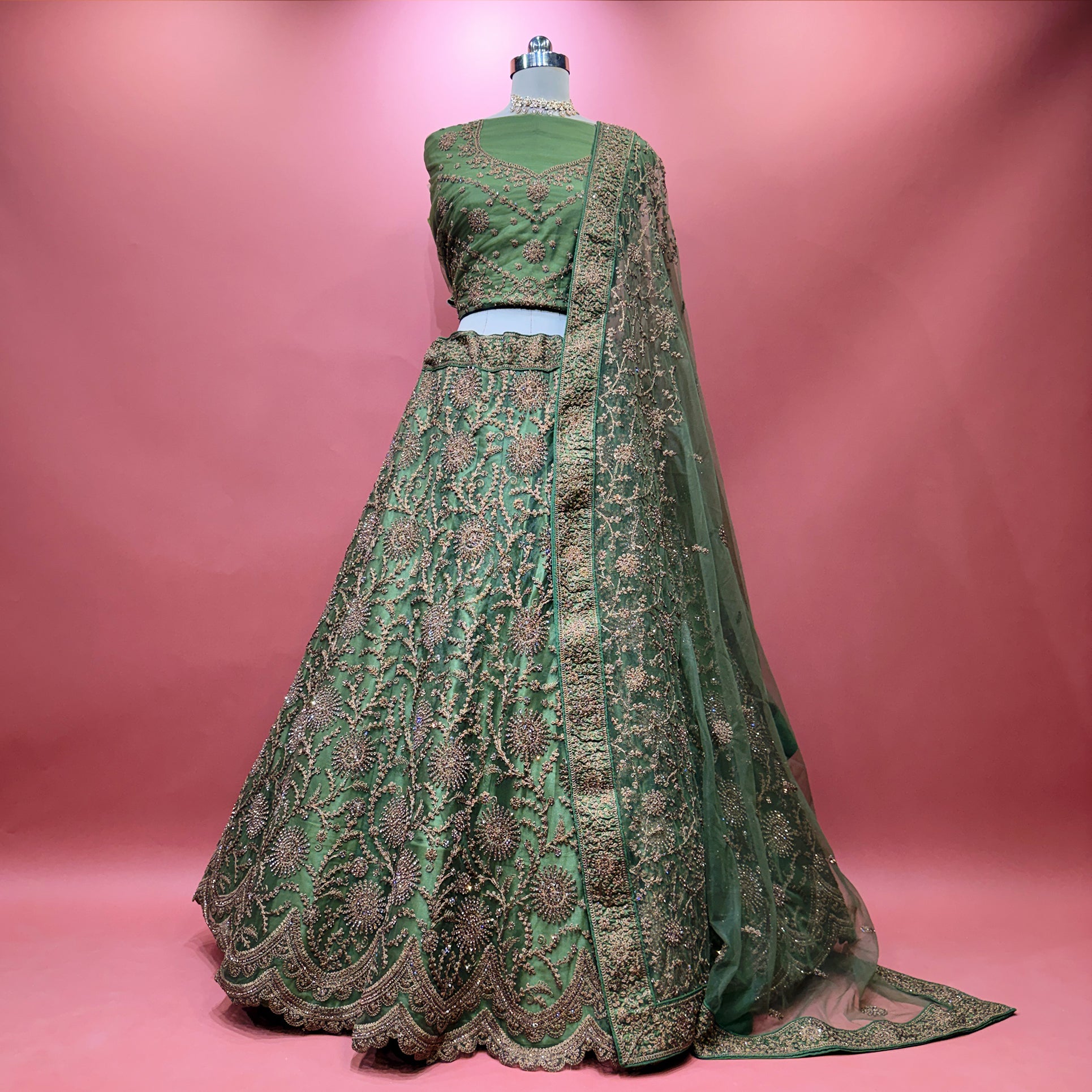 The Mangalam Darbar: Green Net Lehenga Ensemble I – Green – view 2