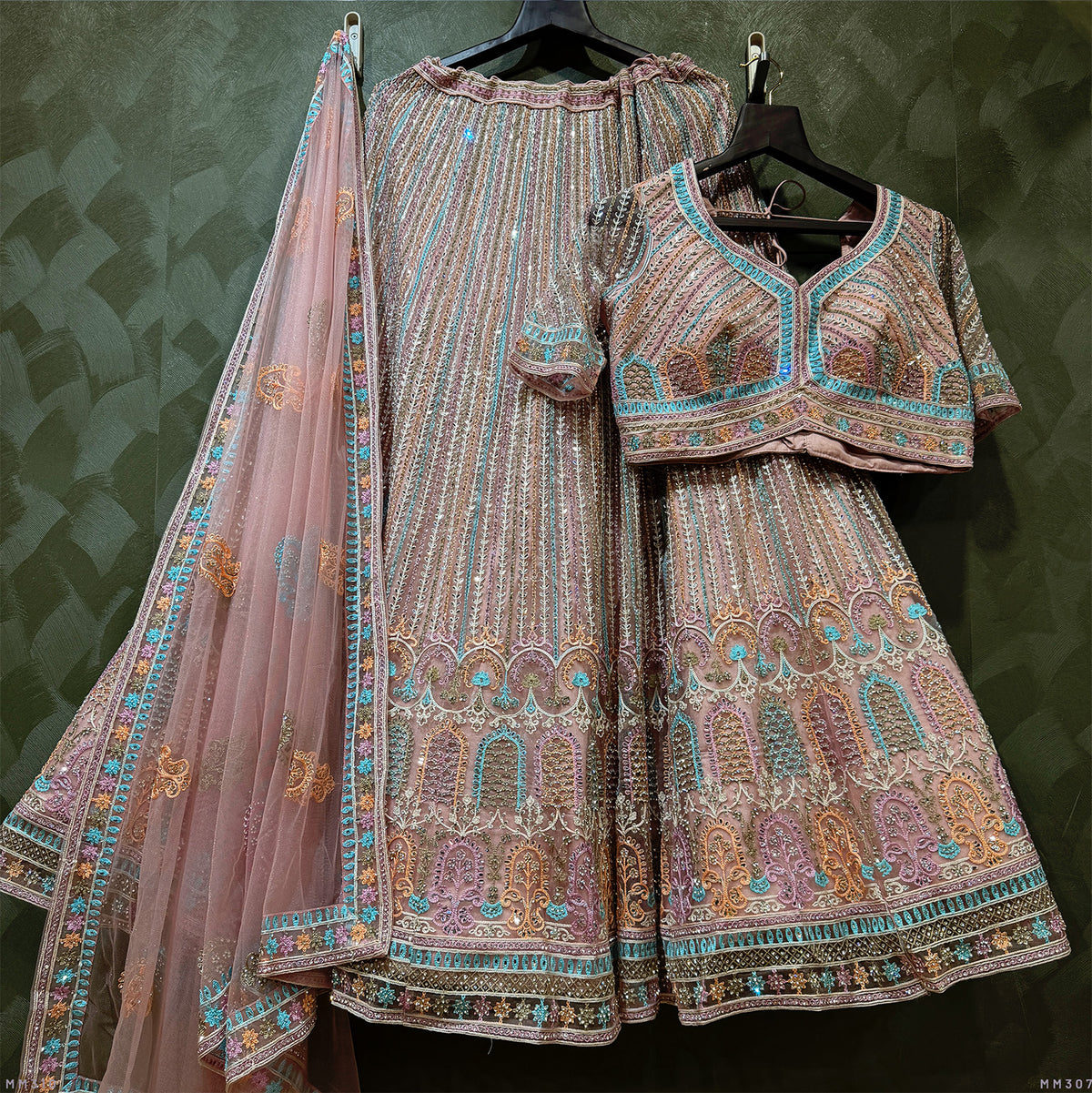 The Aarohi Darbar: Pink Heritage Lehenga Ensemble III – Baby Pink and Multi Colour – view 1