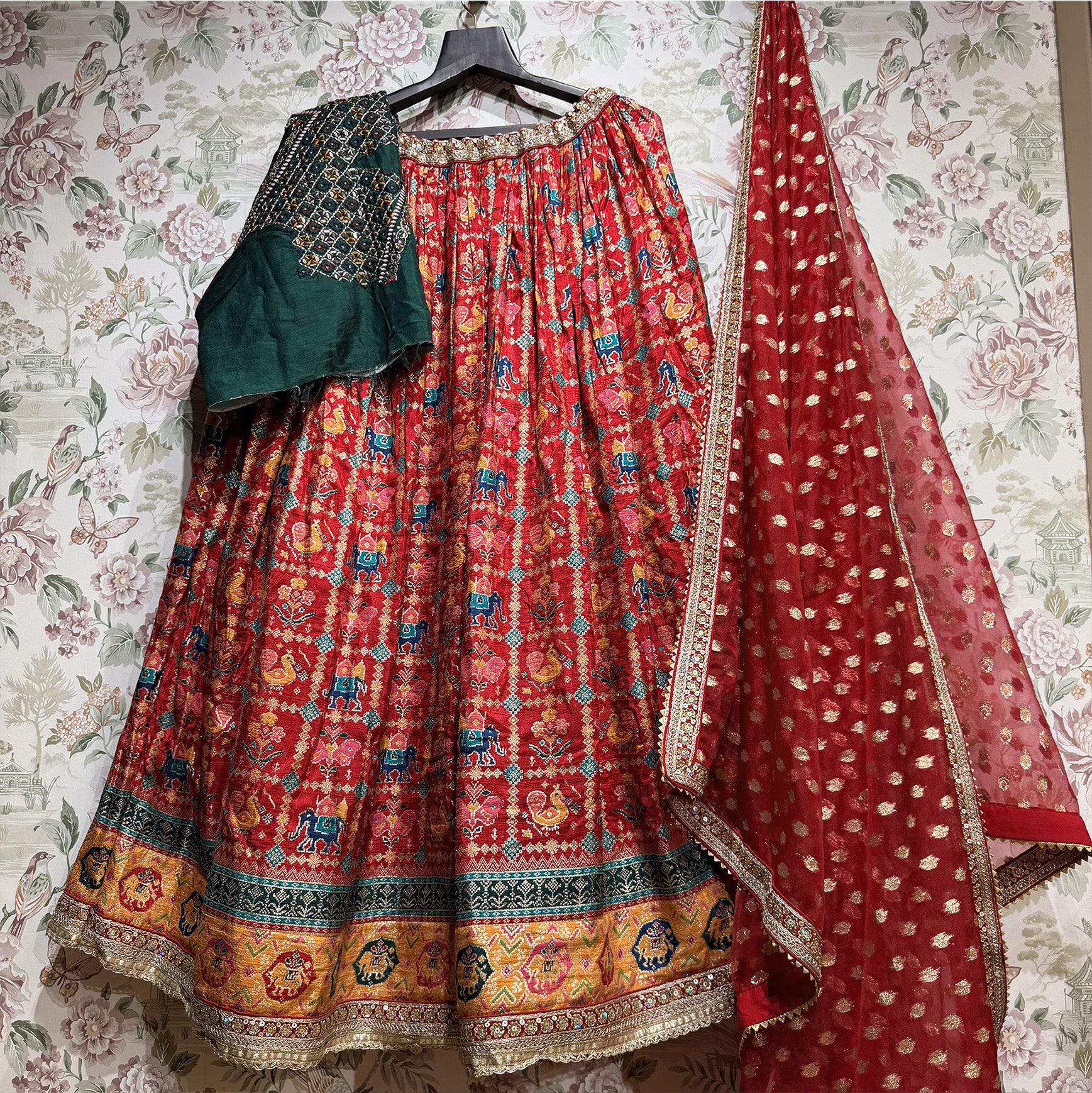 The Jaipur Palace Darbar: Red Heritage Lehenga Ensemble IV – Multi Colour and Red – view 1