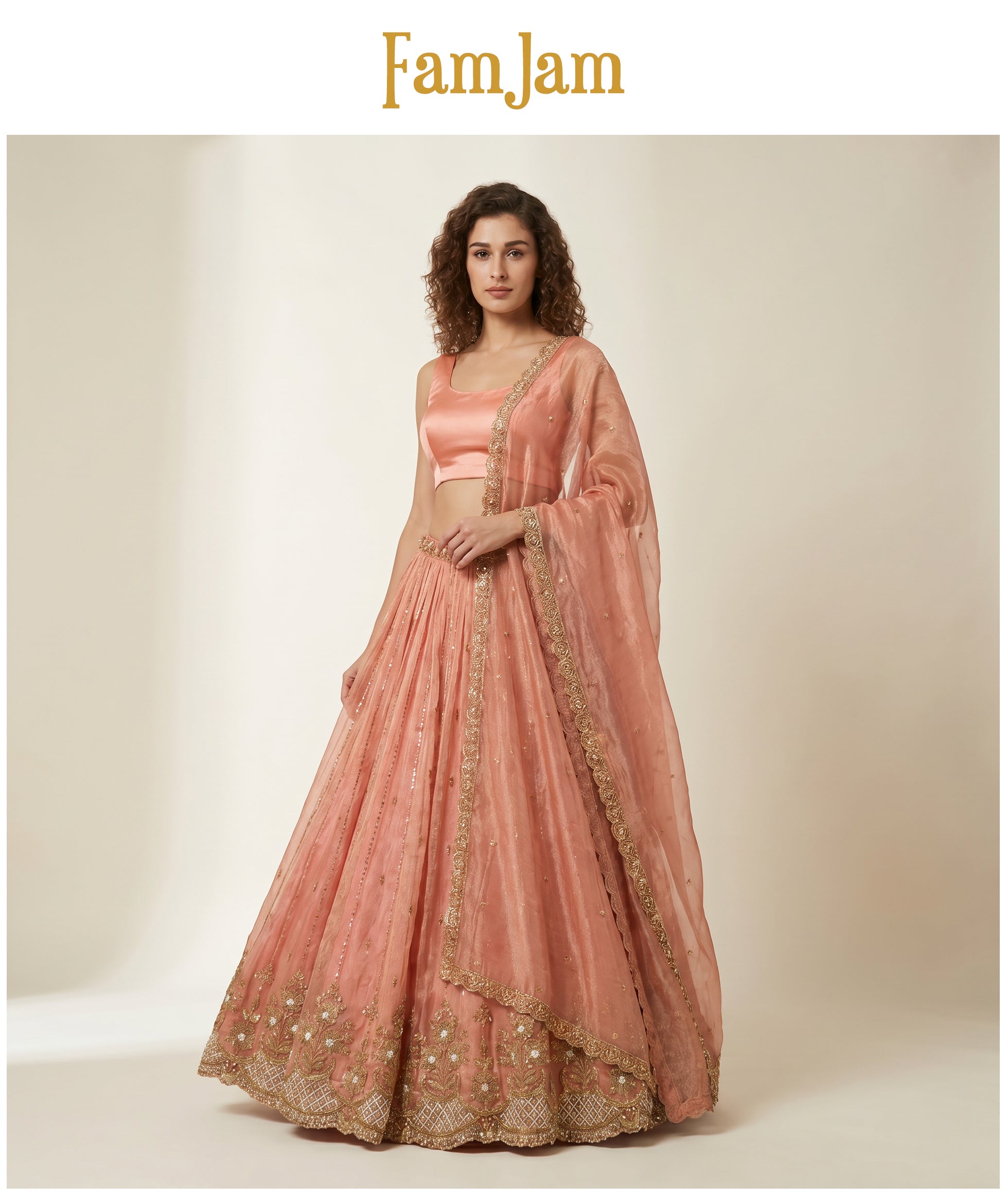 The Amber Fort Heirloom: Peach Heritage Lehenga Ensemble III – Peach – view 2