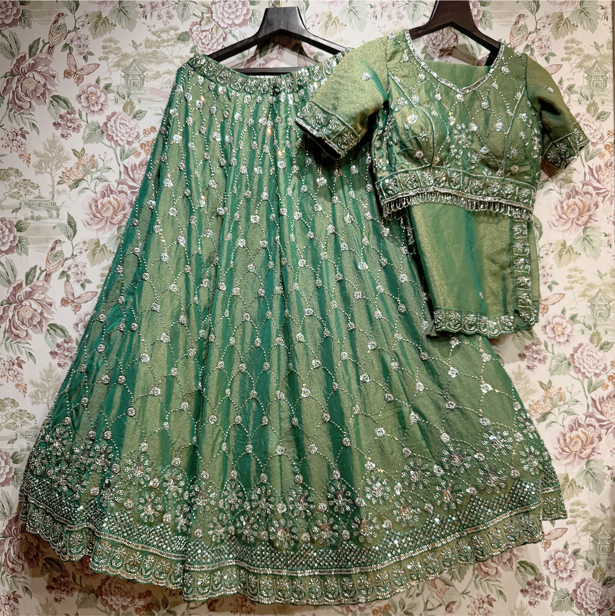 The Amber Fort Darbar: Green Silk Lehenga Ensemble IV – Green – view 1