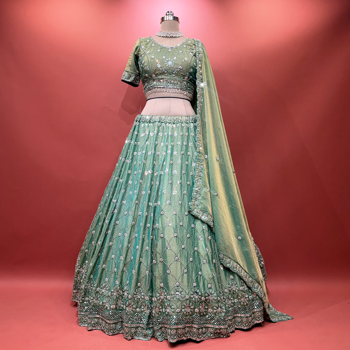 The Amber Fort Darbar: Green Silk Lehenga Ensemble IV – Green – view 2
