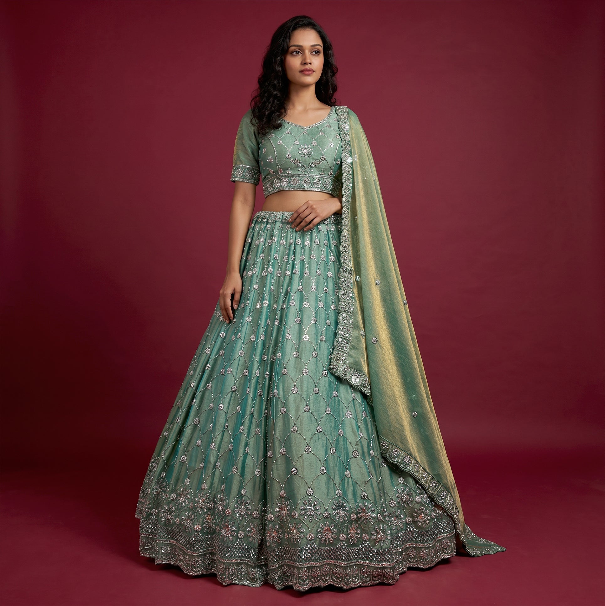 The Amber Fort Darbar: Green Silk Lehenga Ensemble IV – Green – view 3