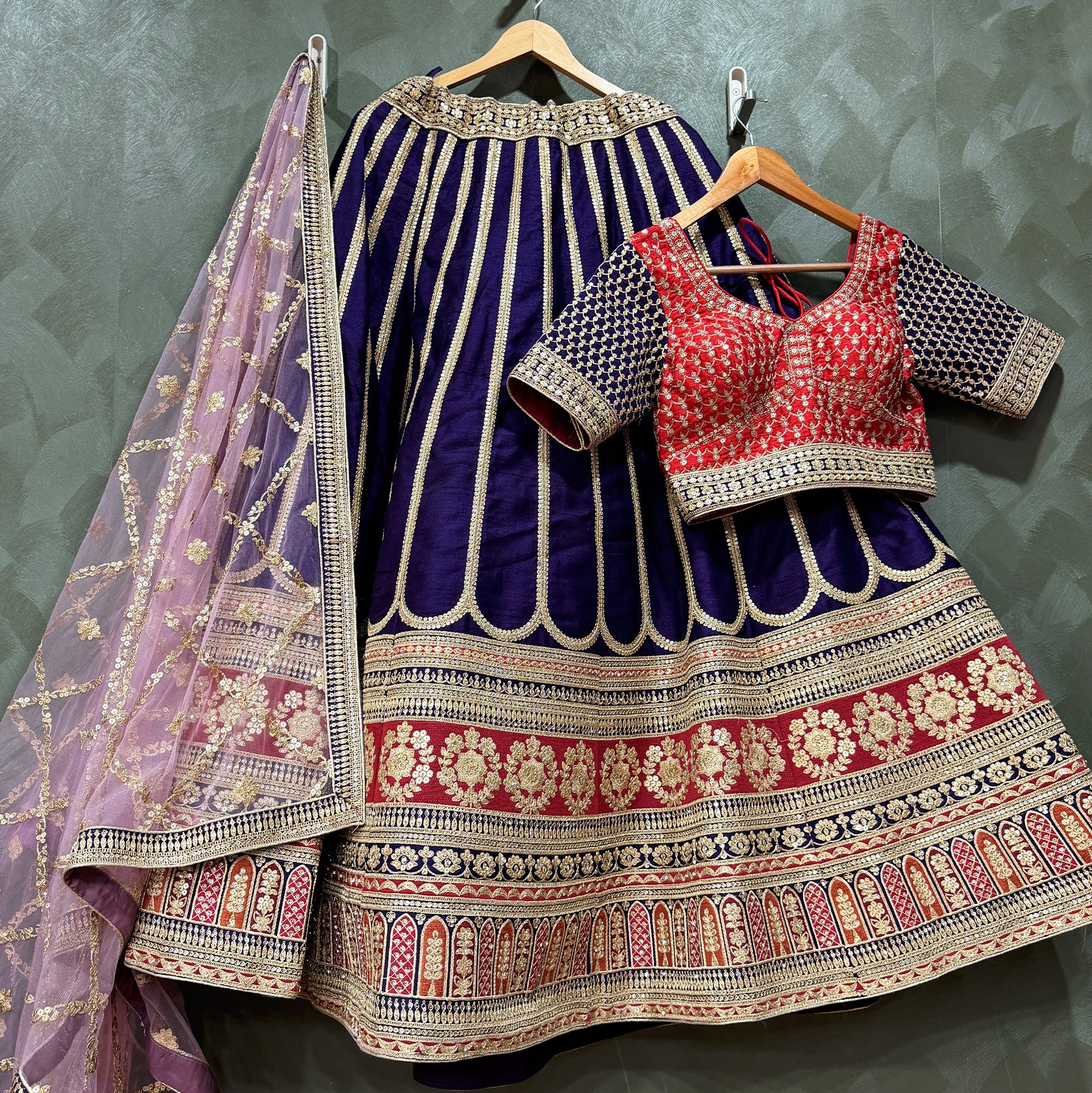 The Aarohi Heirloom: Wine Heritage Lehenga Ensemble – Wine – view 1