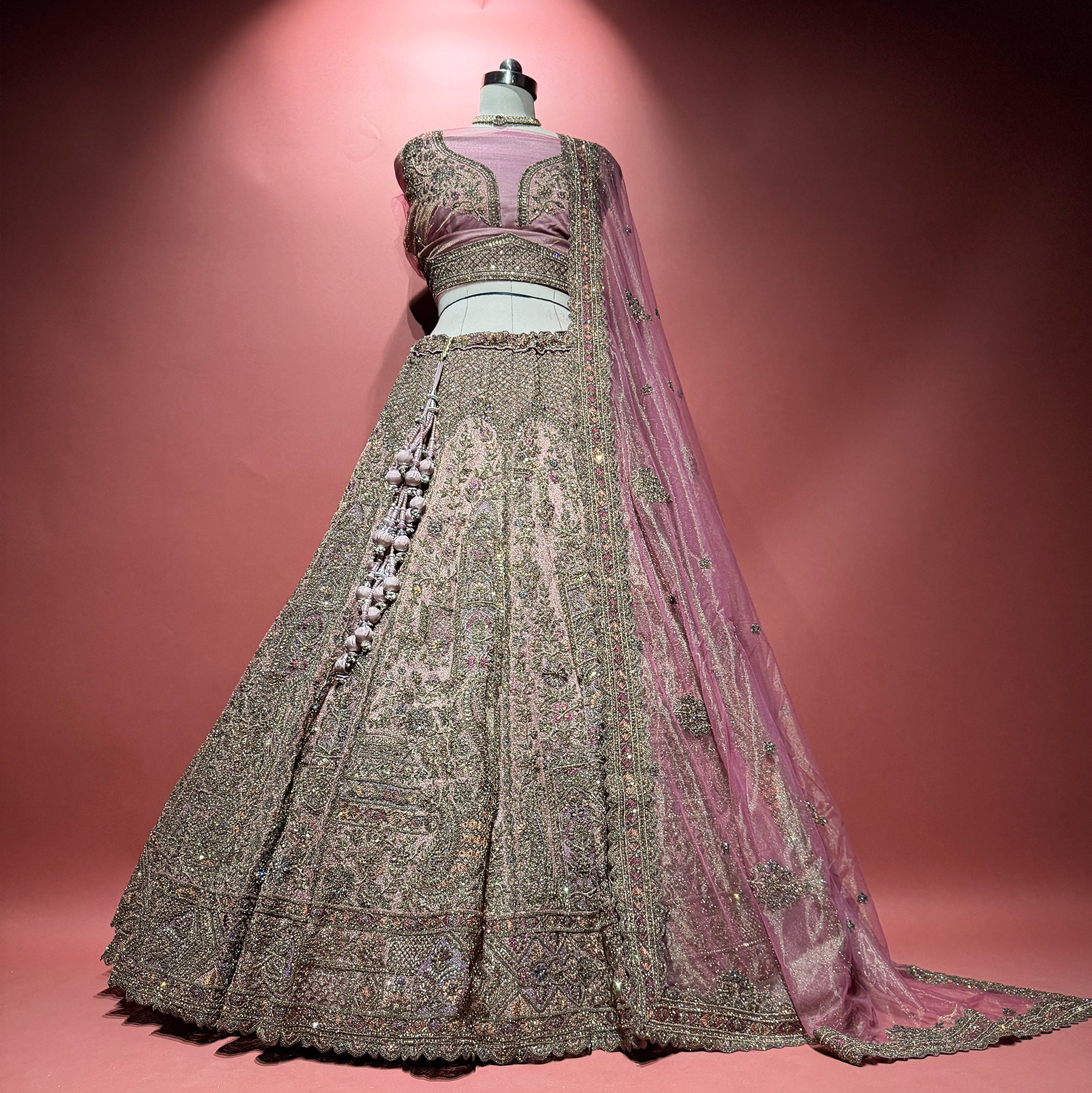 The Jharokha Heirloom Collection: Pink & Lavender Heritage Lehenga Ensemble III – Baby Pink and Lavender – view 1