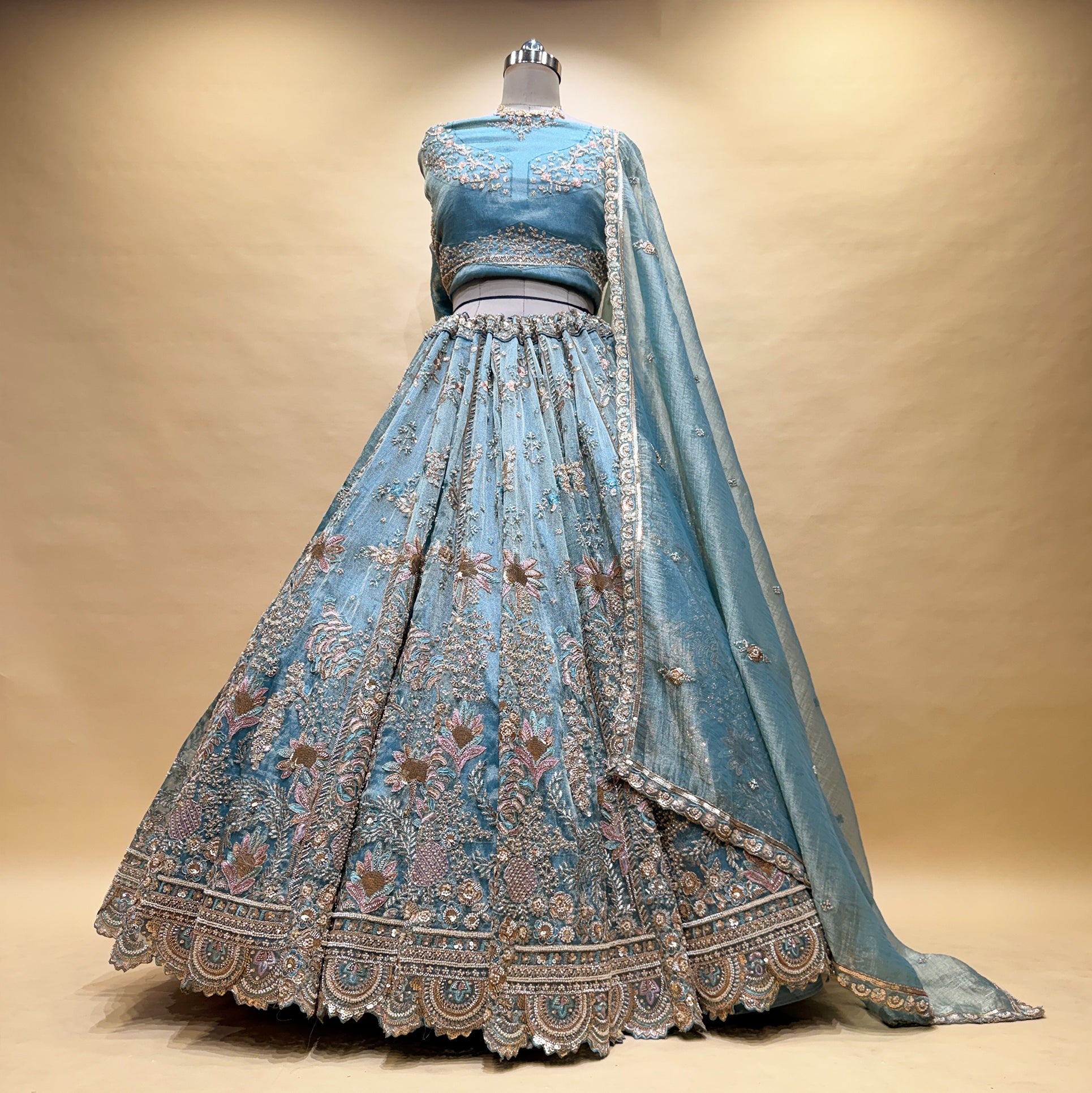 The Kashi Trousseau Collection: Blue Silk Lehenga Ensemble – Blue – view 1