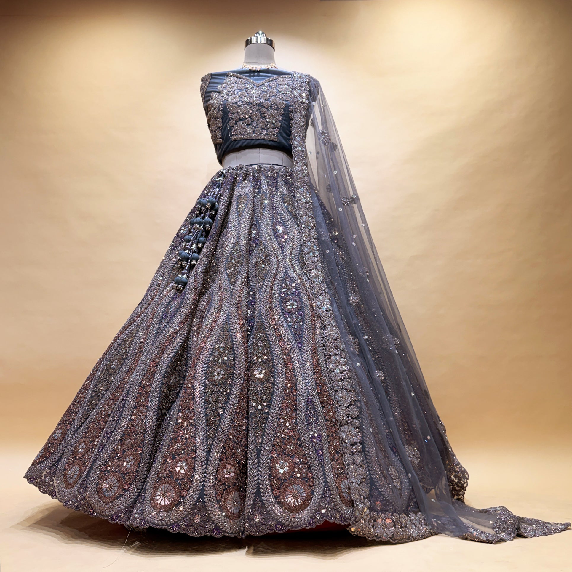 The Banaras Loom Darbar: Grey Heritage Lehenga Ensemble I – Grey – view 1