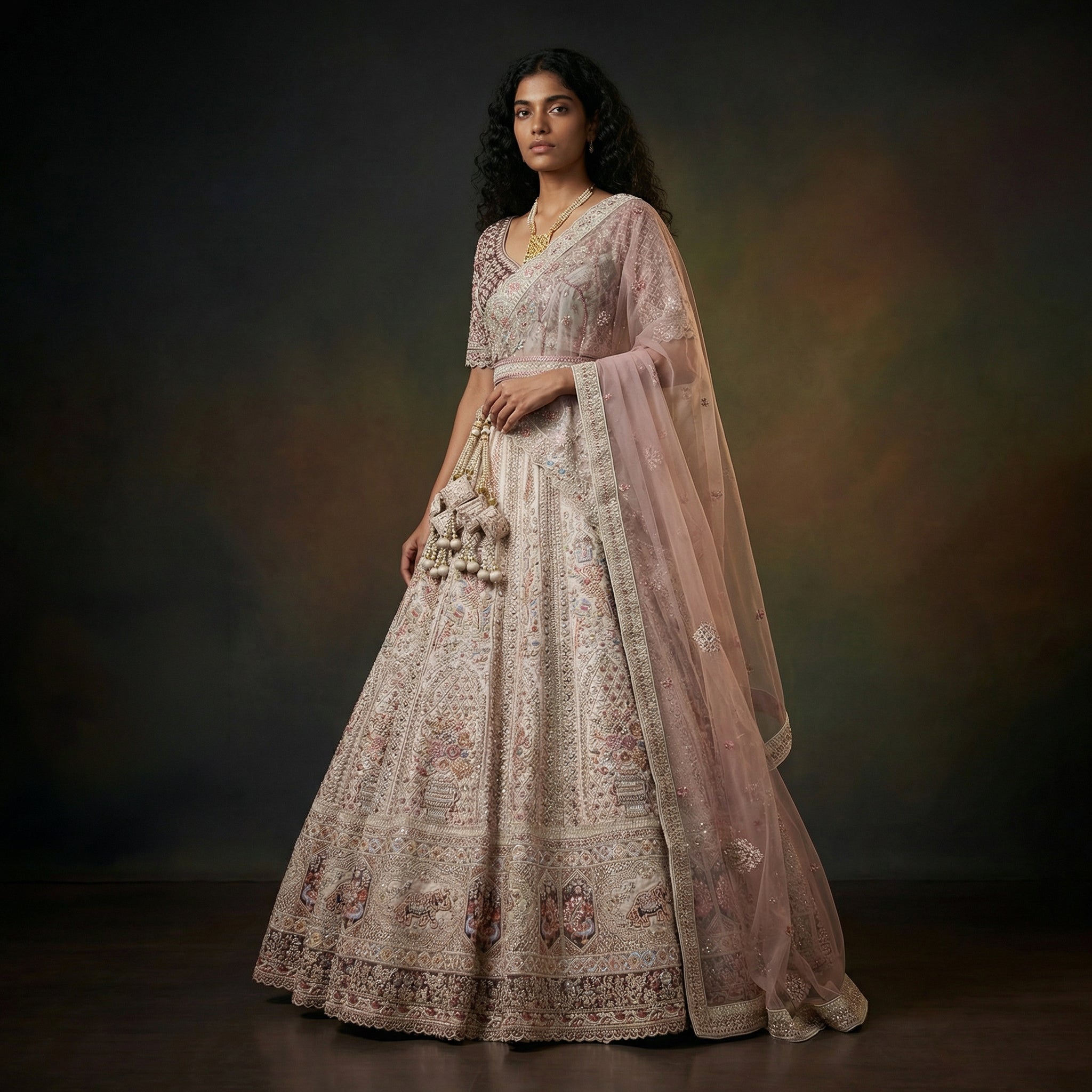 The Jharokha Heirloom: Ivory & Lavender Silk Lehenga Ensemble – Lavender and Ivory – view 2